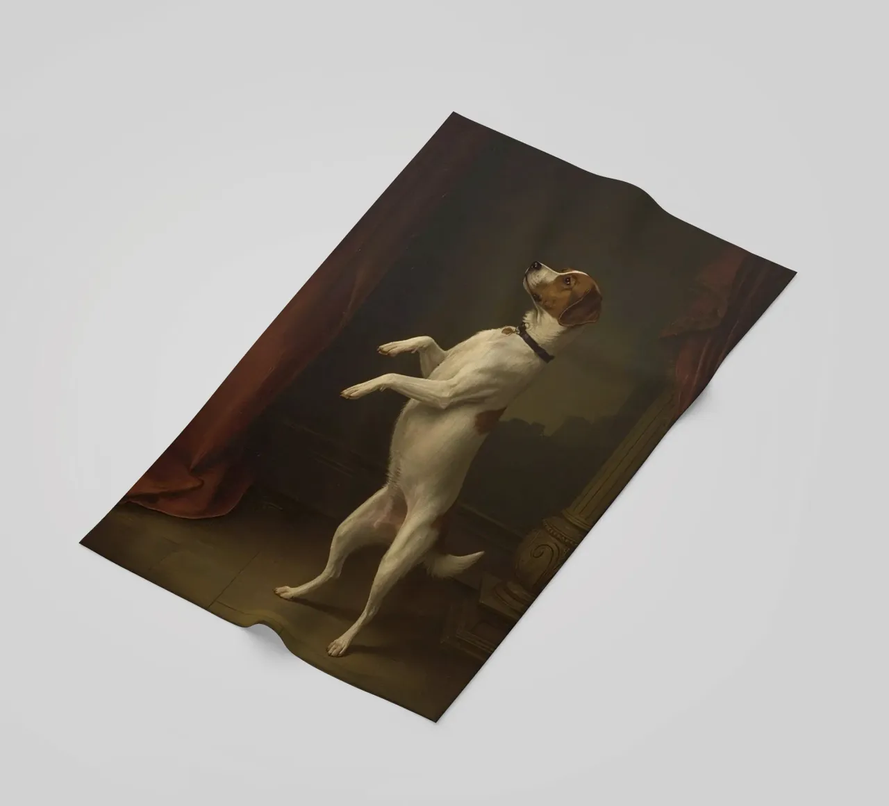 Auf den Hinterbeinen stehender Hund in einer klassischen Studioumgebung Strandtuch von DesignDoodle