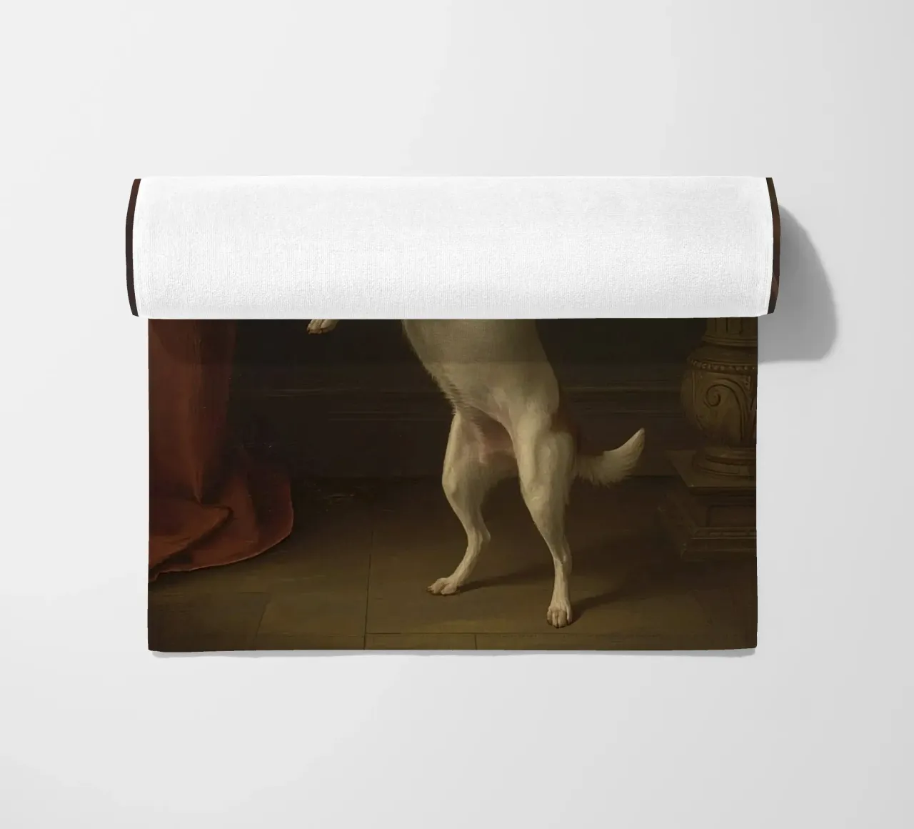 Auf den Hinterbeinen stehender Hund in einer klassischen Studioumgebung Strandtuch von DesignDoodle