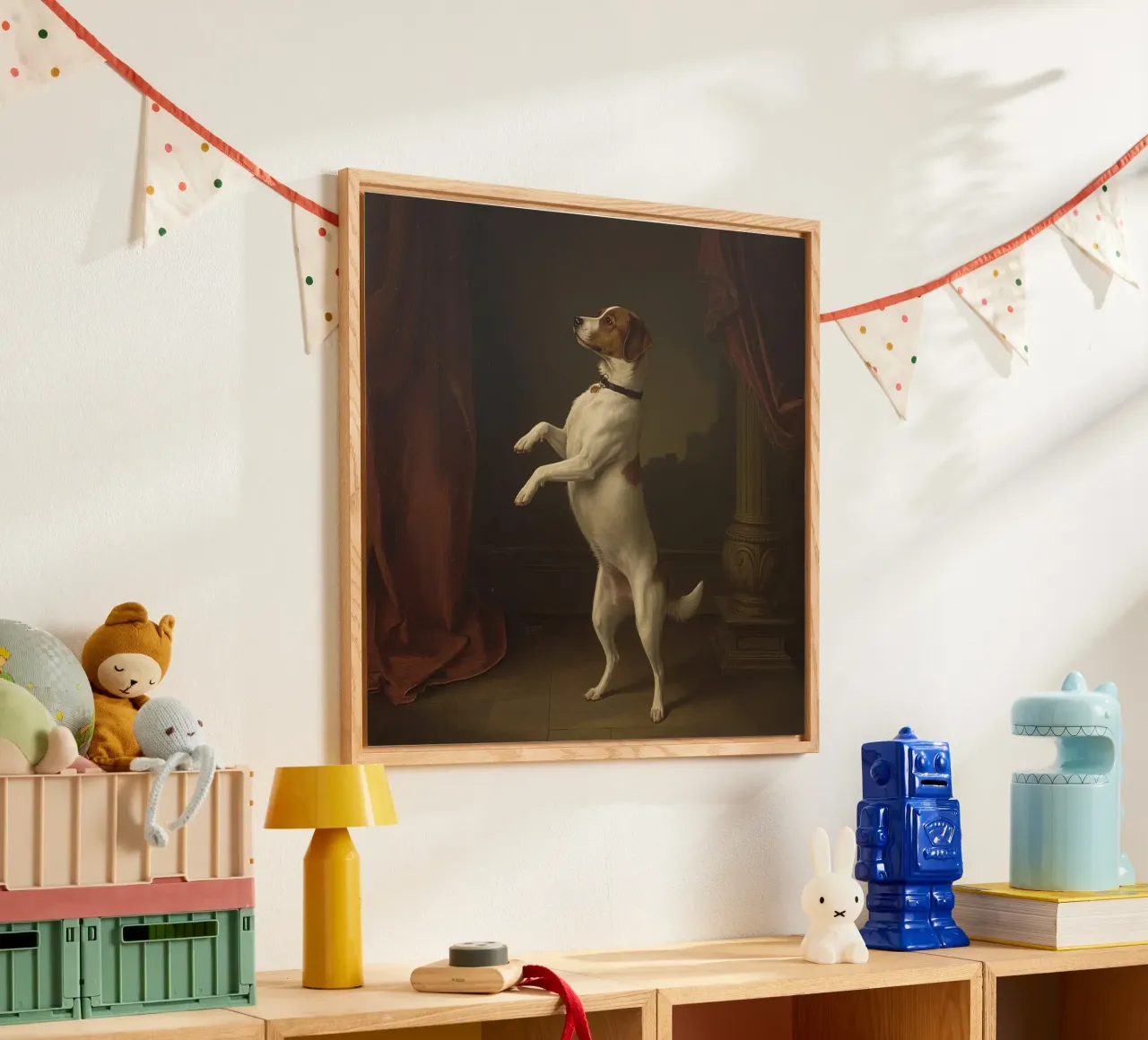 Cane in piedi sulle zampe posteriori in un classico studio di posa plexiglass da DesignDoodle