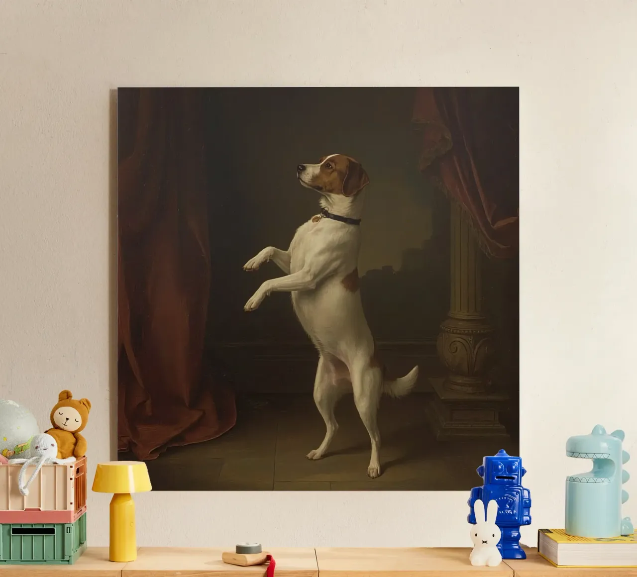 Cane in piedi sulle zampe posteriori in un classico studio di posa plexiglass da DesignDoodle