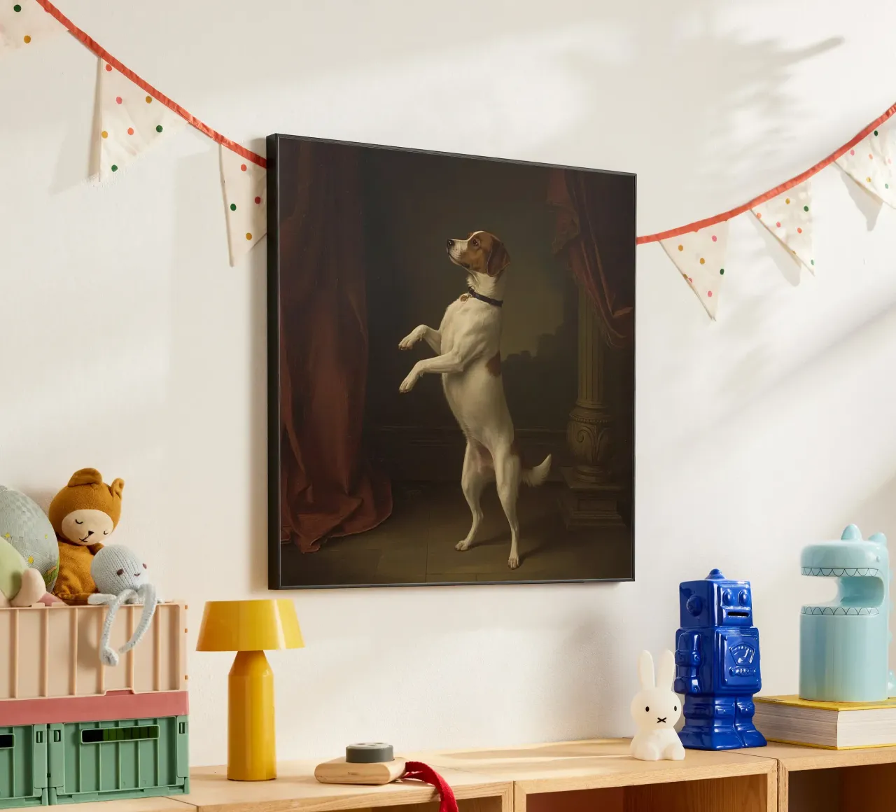 Cane in piedi sulle zampe posteriori in un classico studio di posa alluminio dibond da DesignDoodle