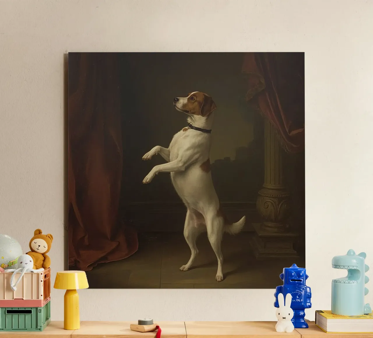 Cane in piedi sulle zampe posteriori in un classico studio di posa alluminio dibond da DesignDoodle