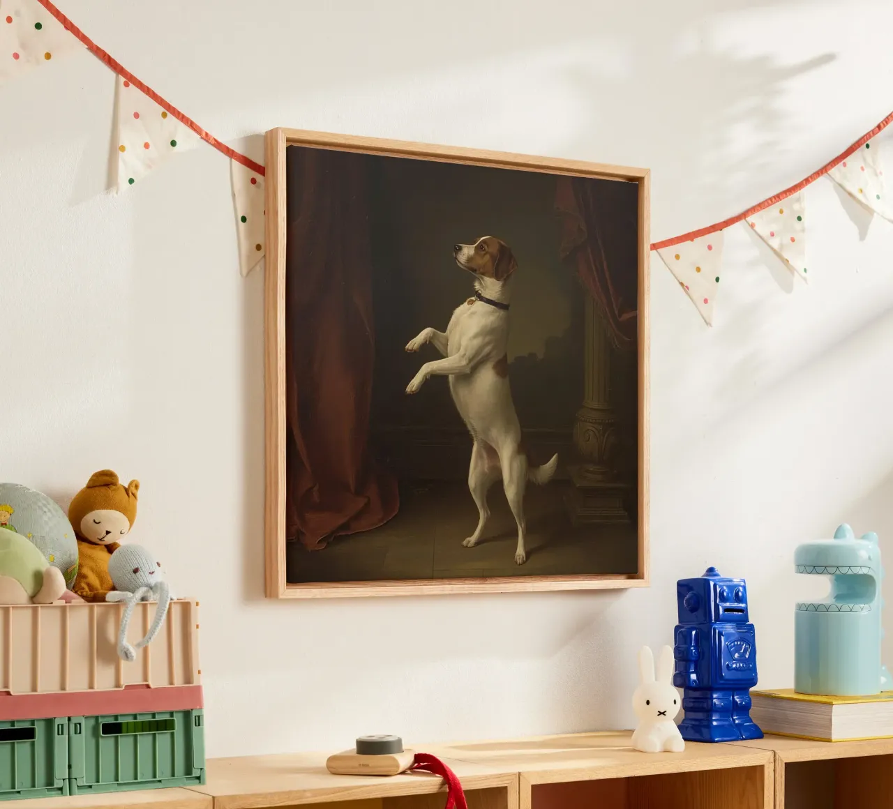Dog standing on hind legs in a classic studio setting canvas with Floater frame by DesignDoodle
