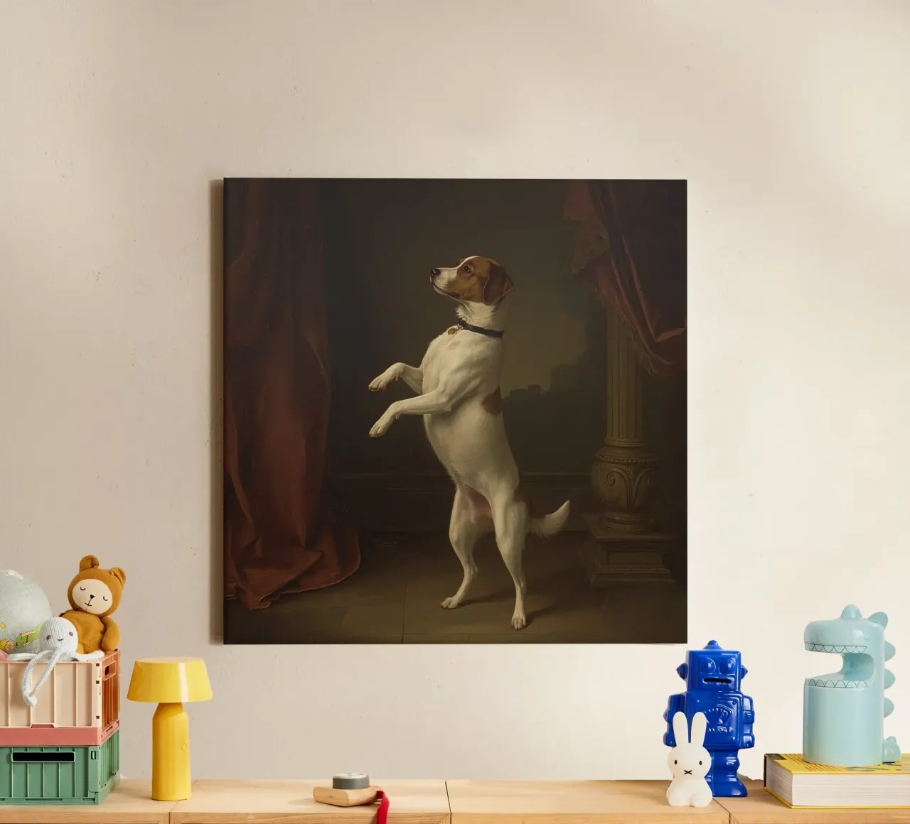 Dog standing on hind legs in a classic studio setting canvas with Floater frame by DesignDoodle