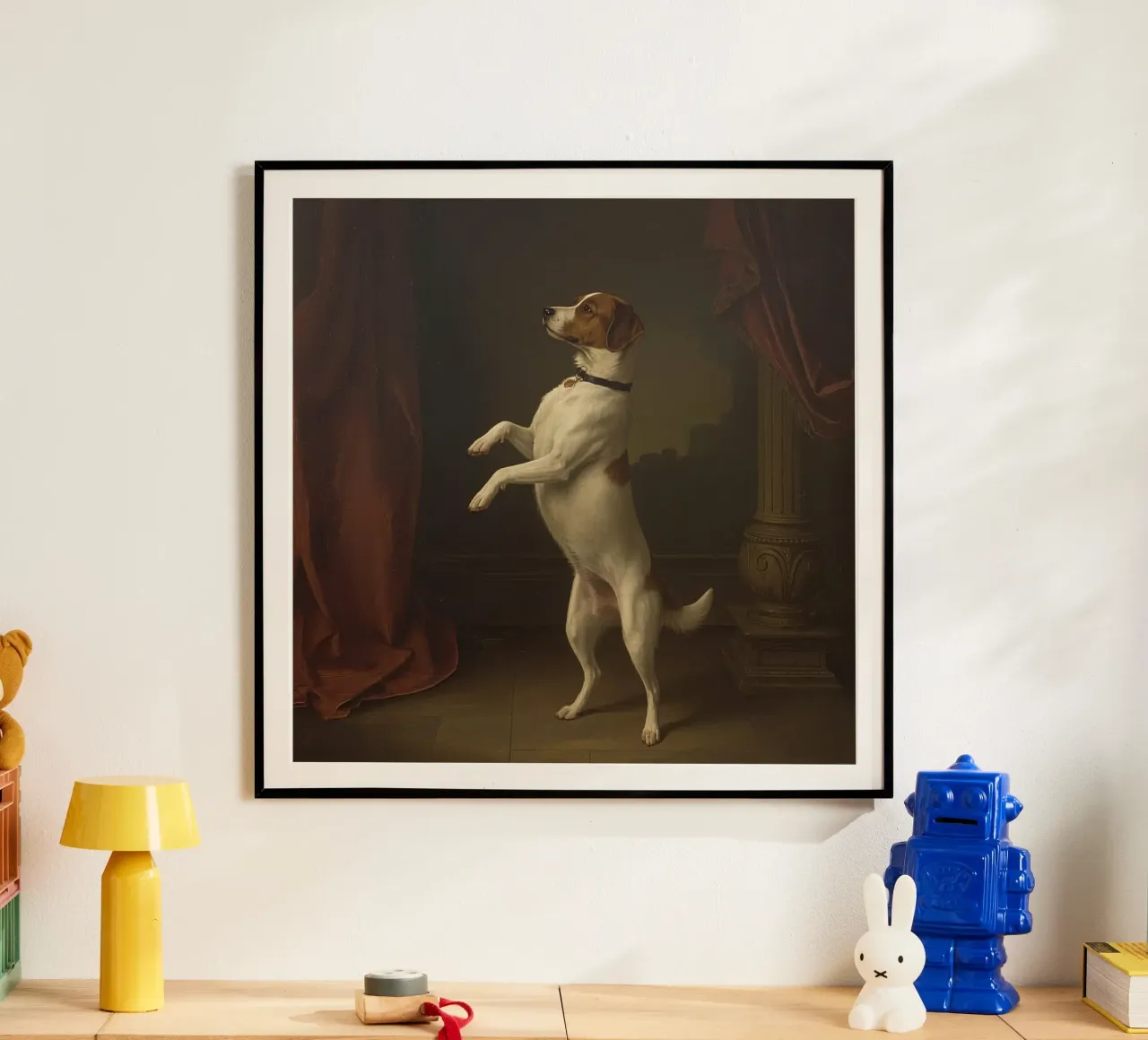 Cane in piedi sulle zampe posteriori in un classico studio di posa poster con telaio in plastica da DesignDoodle