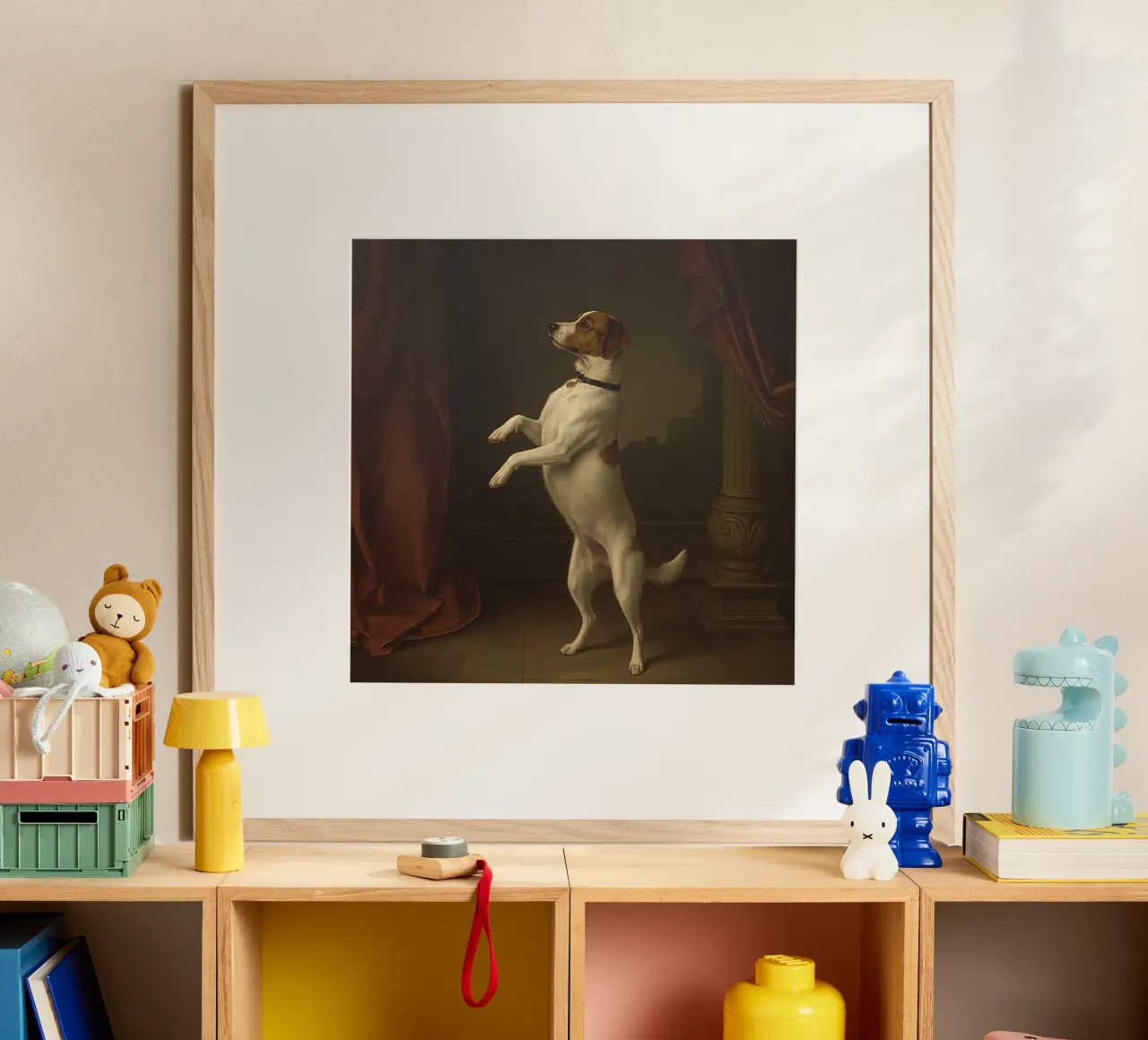 Cane in piedi sulle zampe posteriori in un classico studio di posa poster con telaio in plastica da DesignDoodle