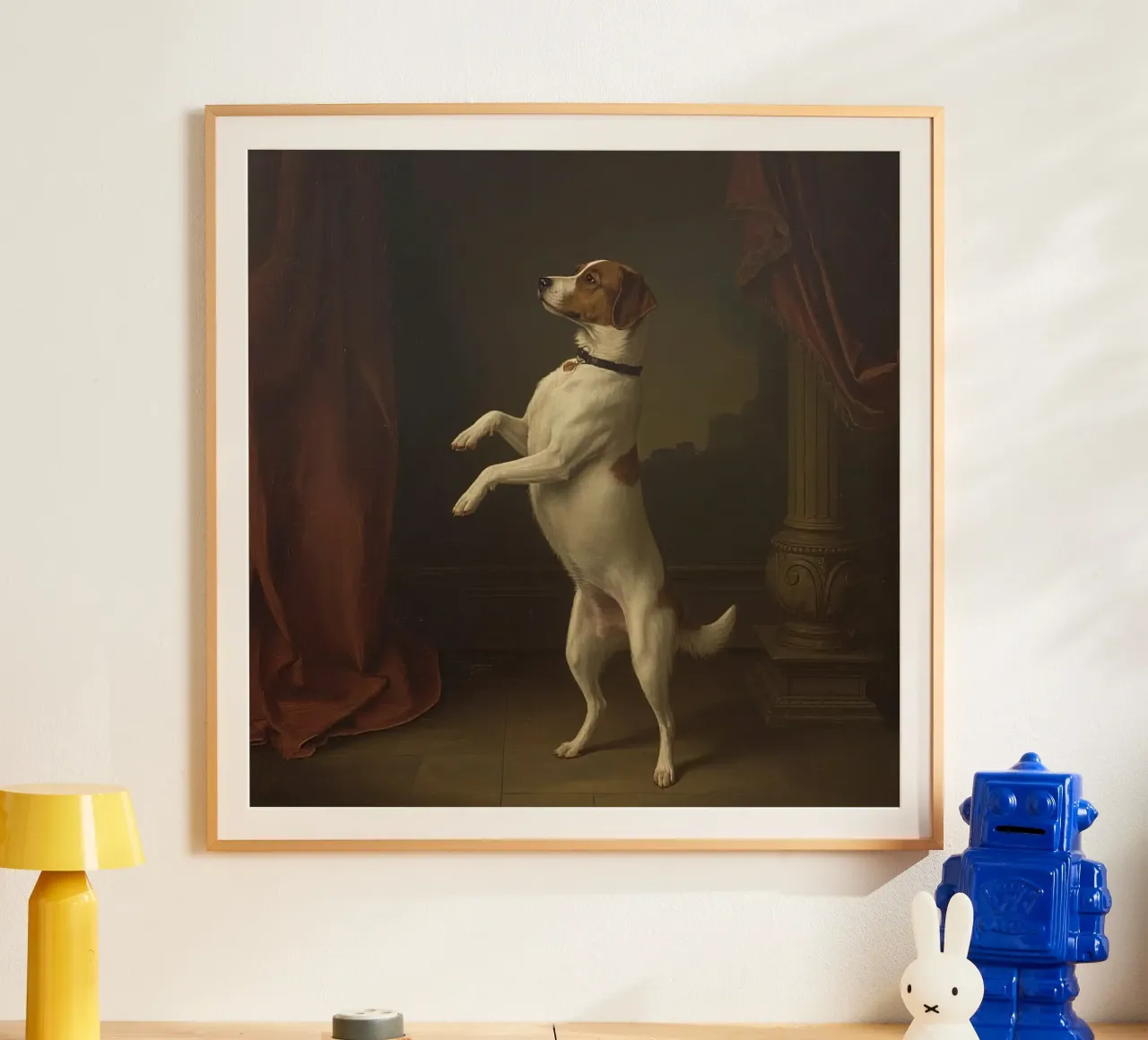 Cane in piedi sulle zampe posteriori in un classico studio di posa poster con telaio in plastica da DesignDoodle
