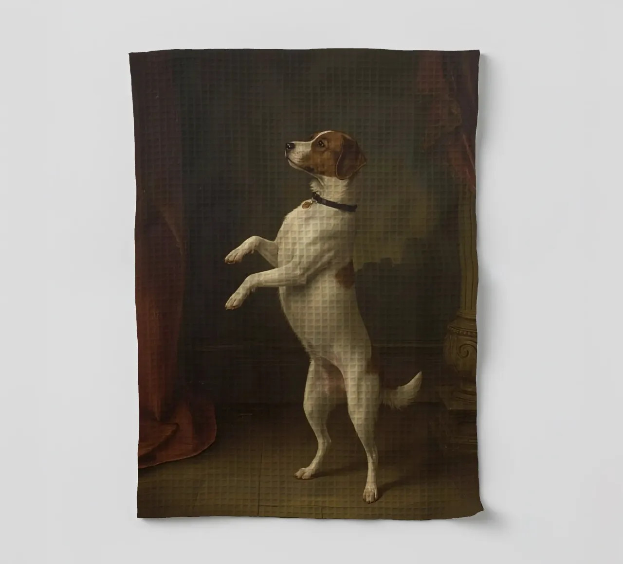 Cane in piedi sulle zampe posteriori in un classico studio di posa canovaccio da cucina da DesignDoodle