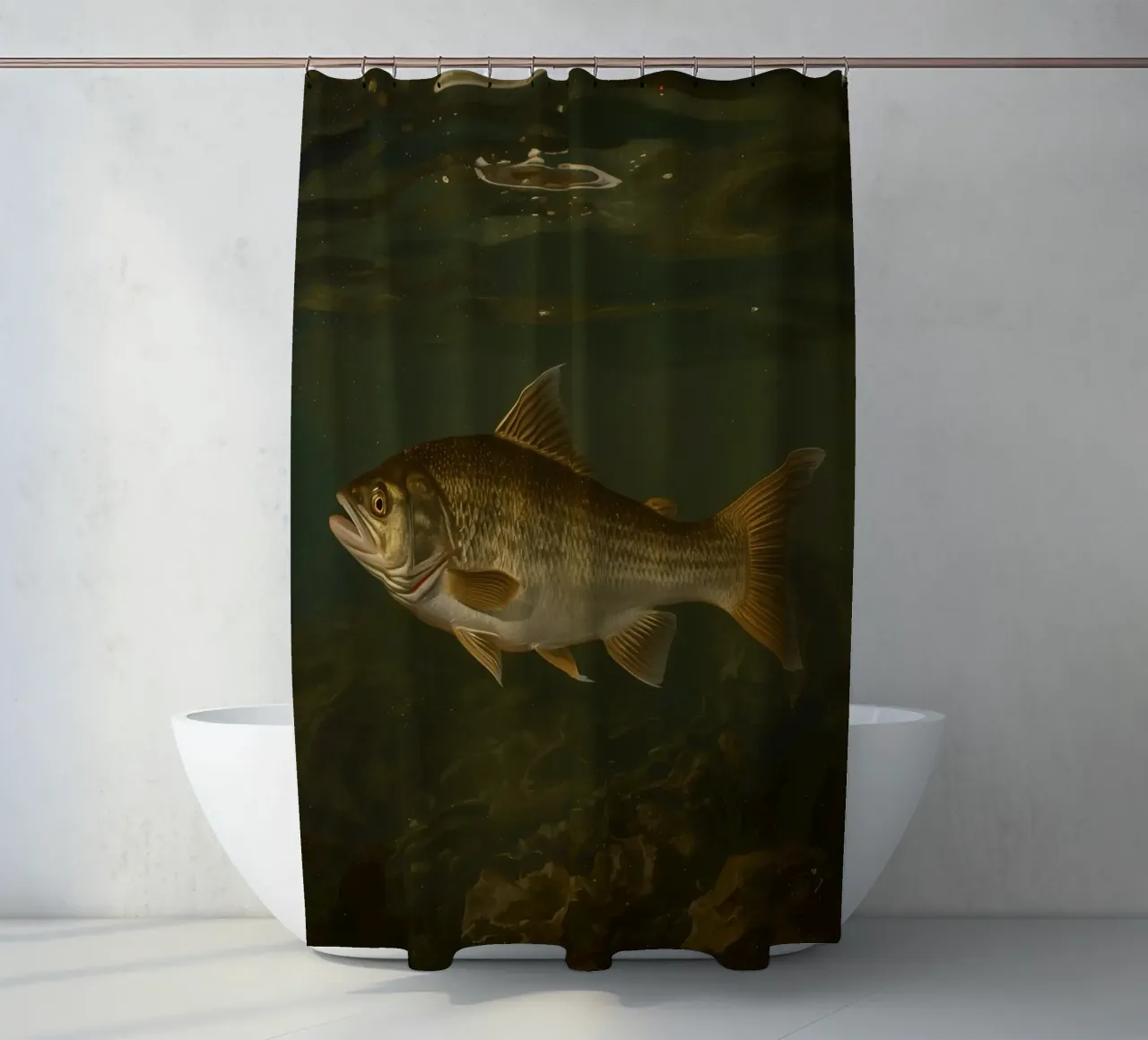 Underwater view of a bass fish swimming in its natural habit shower curtain by DesignDoodle