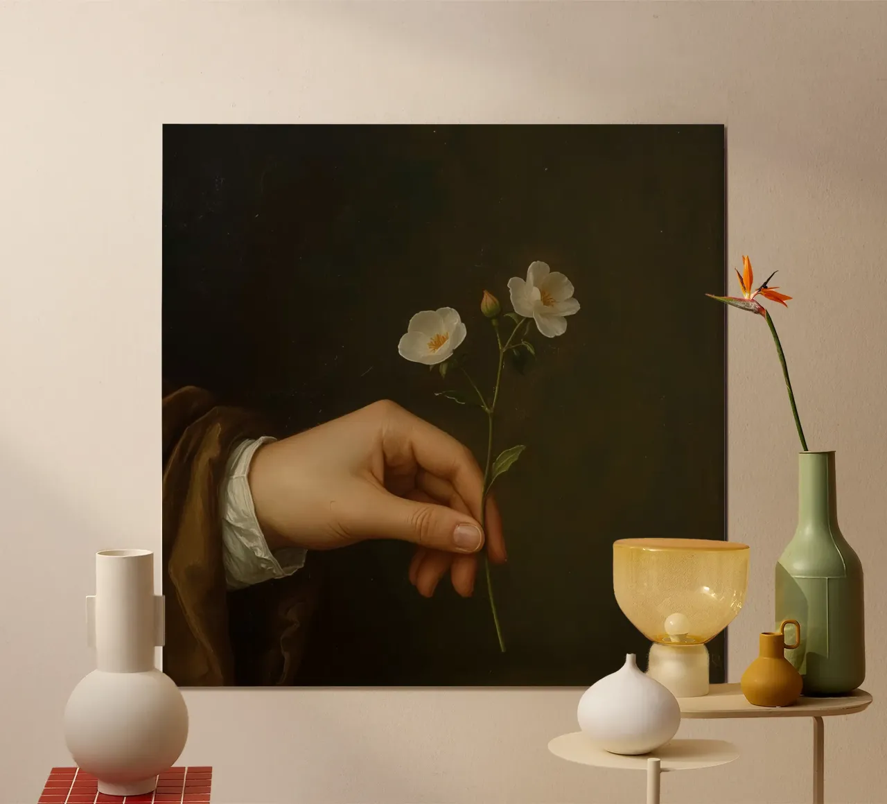 Mano che tiene in mano delicati fiori bianchi su uno sfondo scuro poster da DesignDoodle
