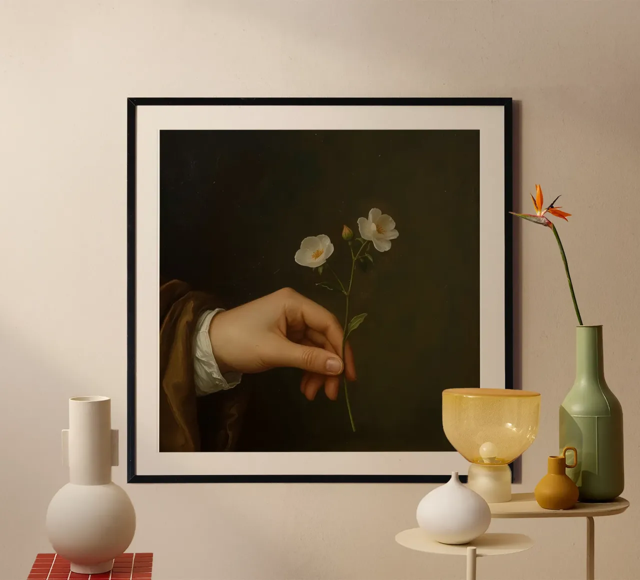 Mano che tiene in mano delicati fiori bianchi su uno sfondo scuro poster da DesignDoodle