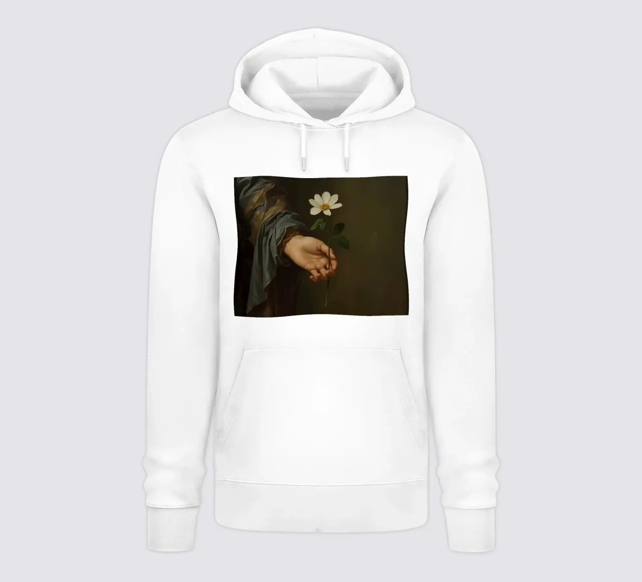 Mano che regge un fiore bianco in una luce soffusa con felpa con cappuccio da DesignDoodle