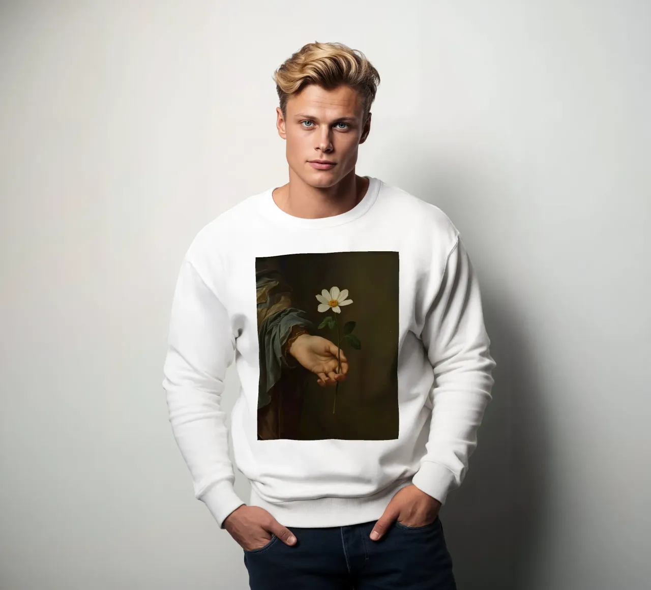 Main tenant une fleur blanche dans une lumière douce et atténuée. sweat de DesignDoodle