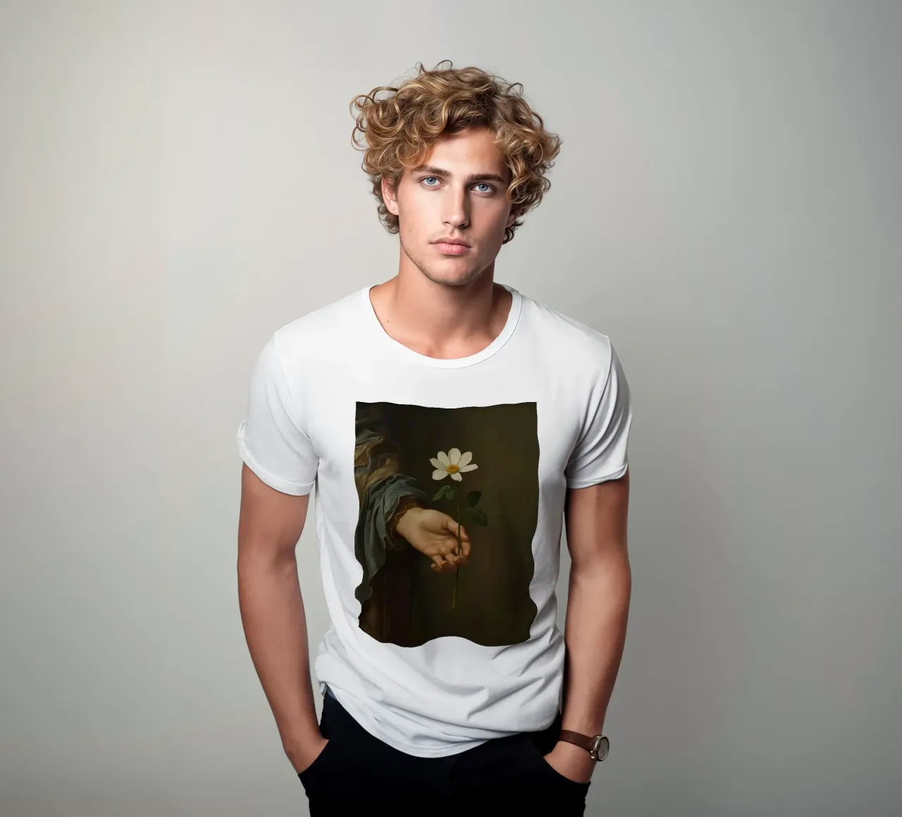 Mano che regge un fiore bianco in una luce soffusa con t-shirt da DesignDoodle