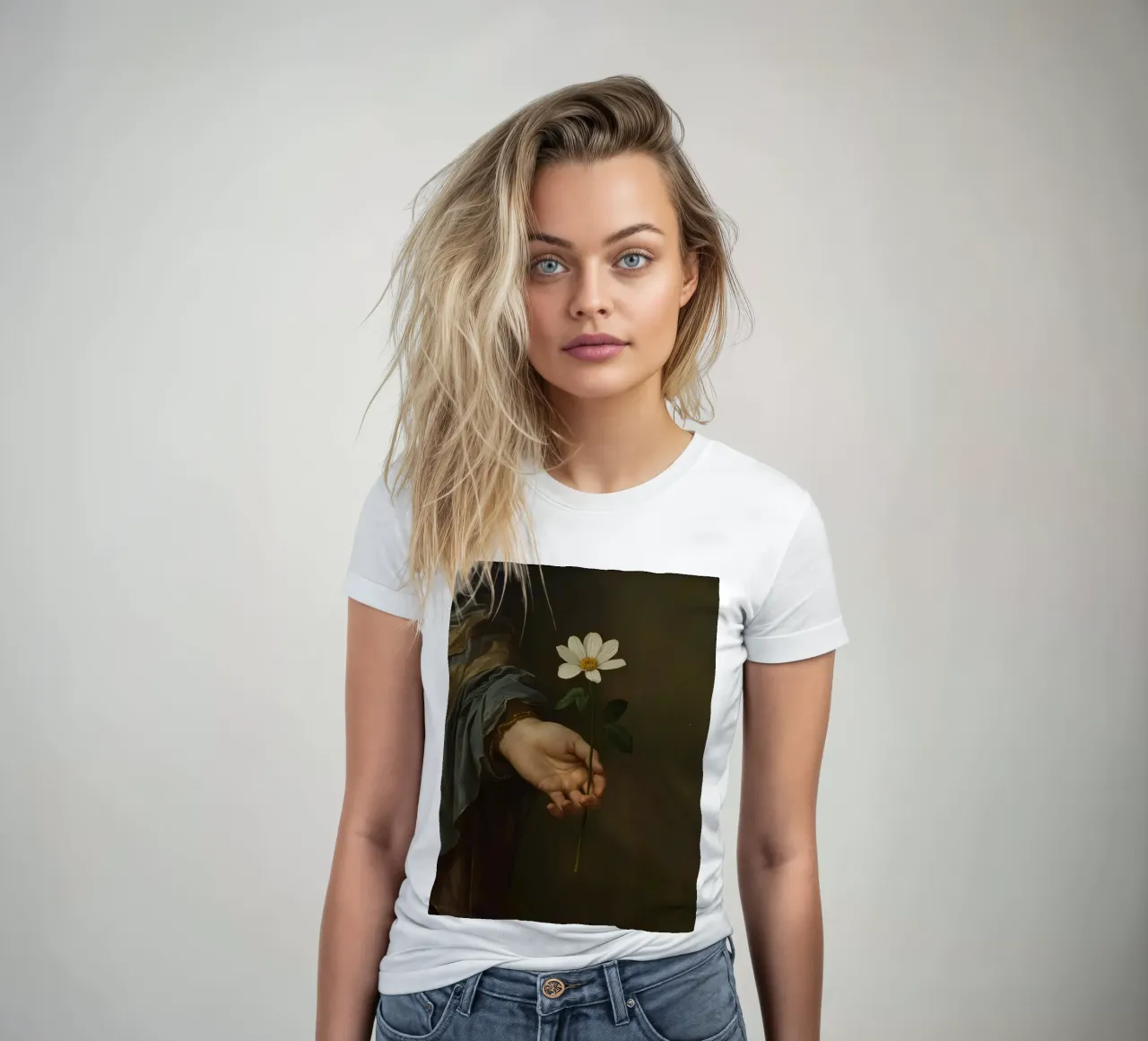 Mano che regge un fiore bianco in una luce soffusa con t-shirt da donna da DesignDoodle