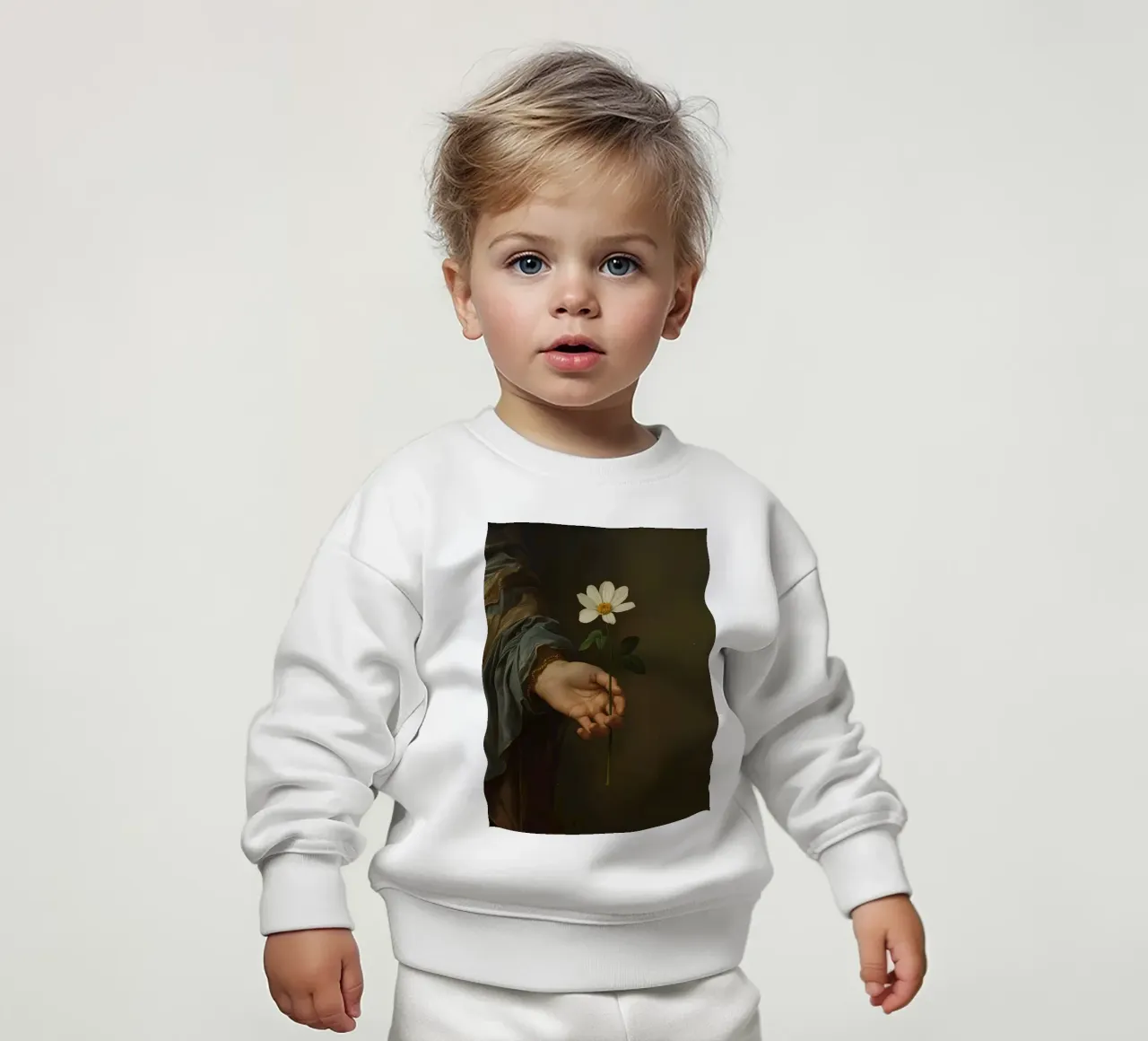 Hand hält eine weiße Blume in weichem Licht mit gedämpften Baby Sweatshirt von DesignDoodle