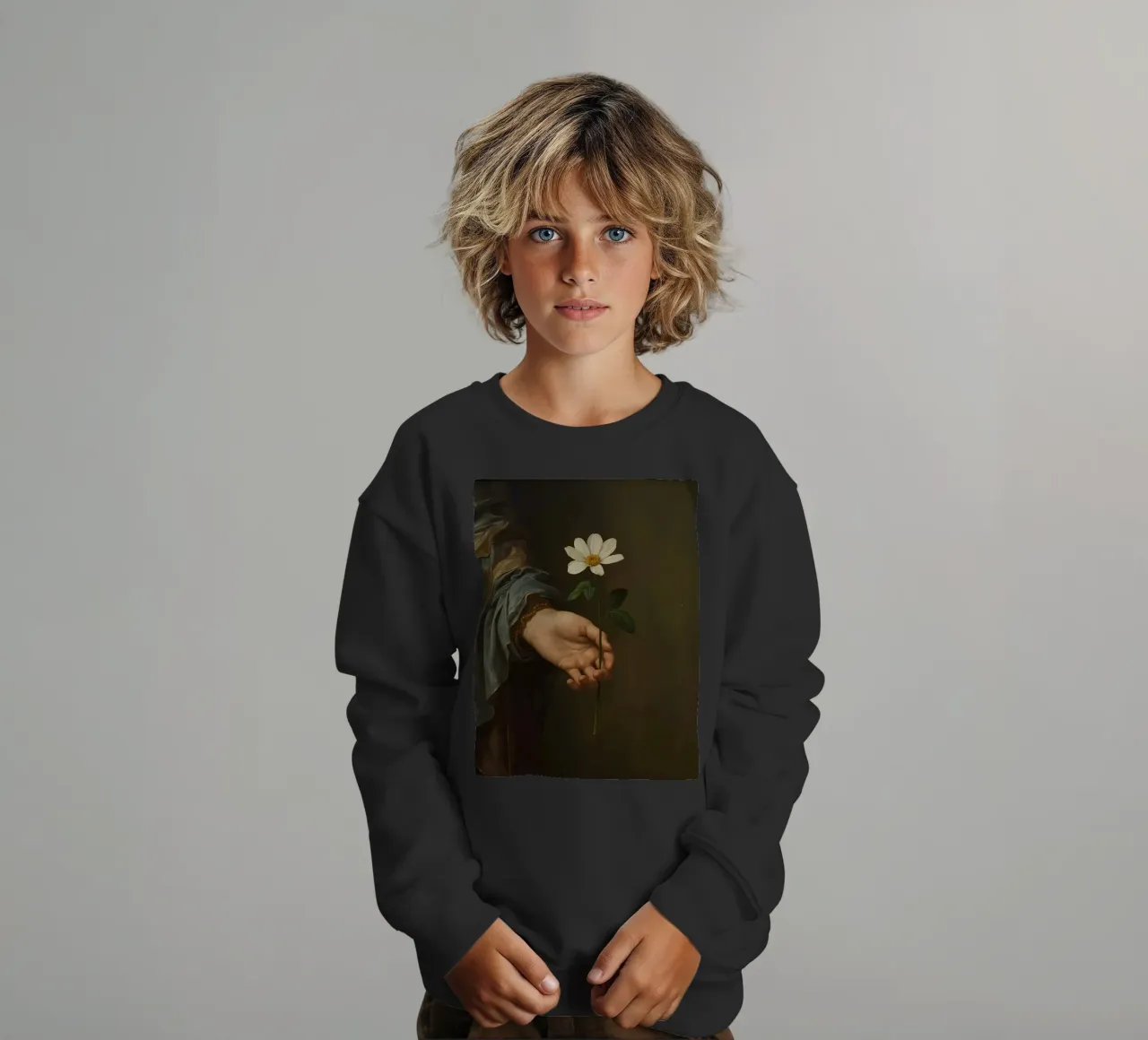 Mano che regge un fiore bianco in una luce soffusa con felpa bambino da DesignDoodle