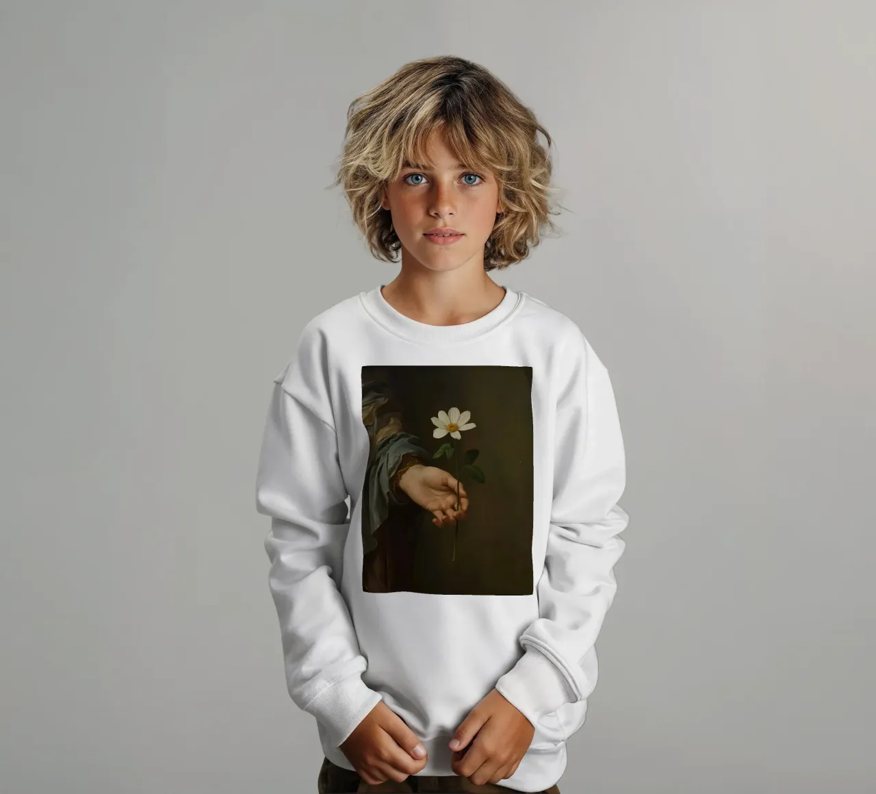 Mano che regge un fiore bianco in una luce soffusa con felpa bambino da DesignDoodle