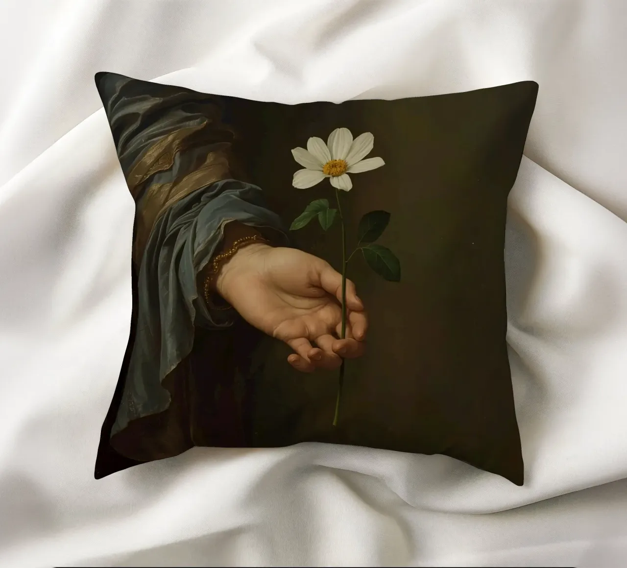 Mano che regge un fiore bianco in una luce soffusa con cuscino da DesignDoodle