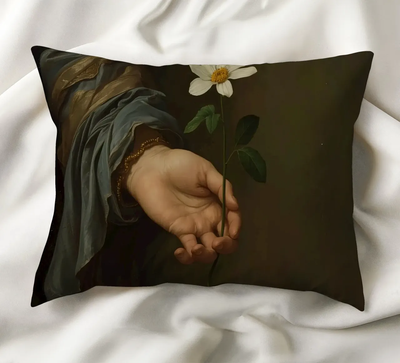 Mano che regge un fiore bianco in una luce soffusa con cuscino da DesignDoodle