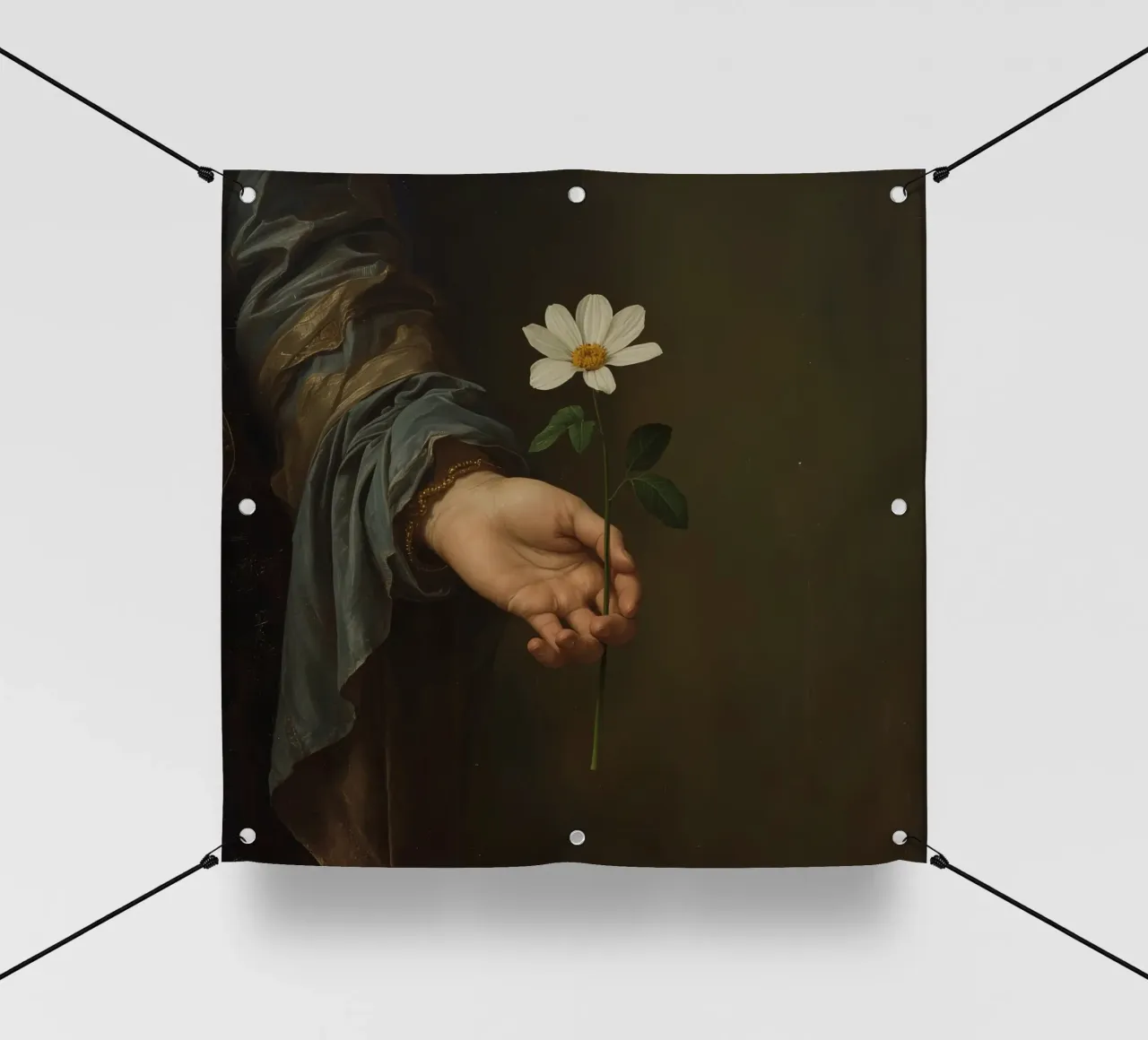 Mano che regge un fiore bianco in una luce soffusa con telo in pvc da DesignDoodle