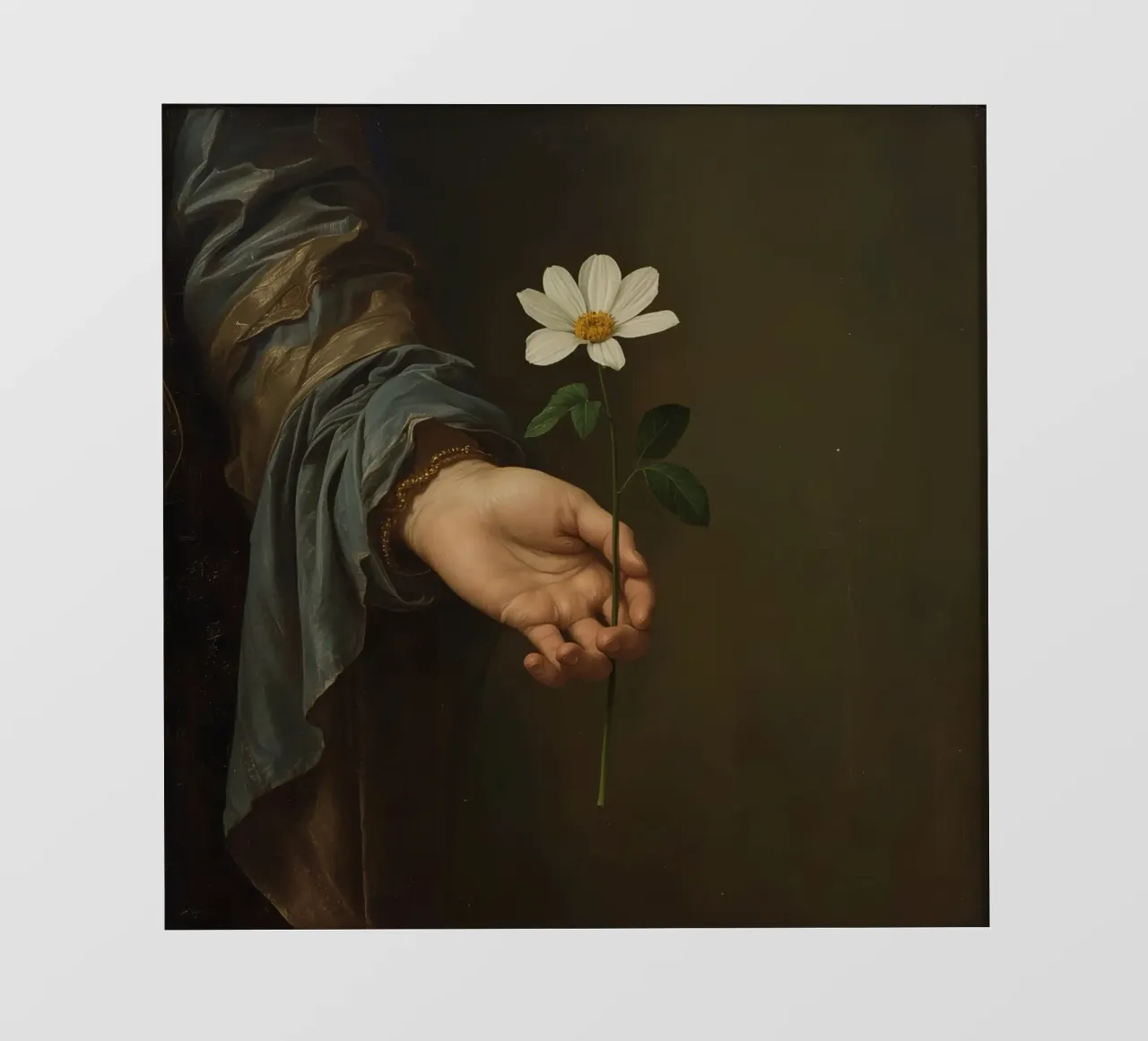 Mano che regge un fiore bianco in una luce soffusa con telo in pvc da DesignDoodle