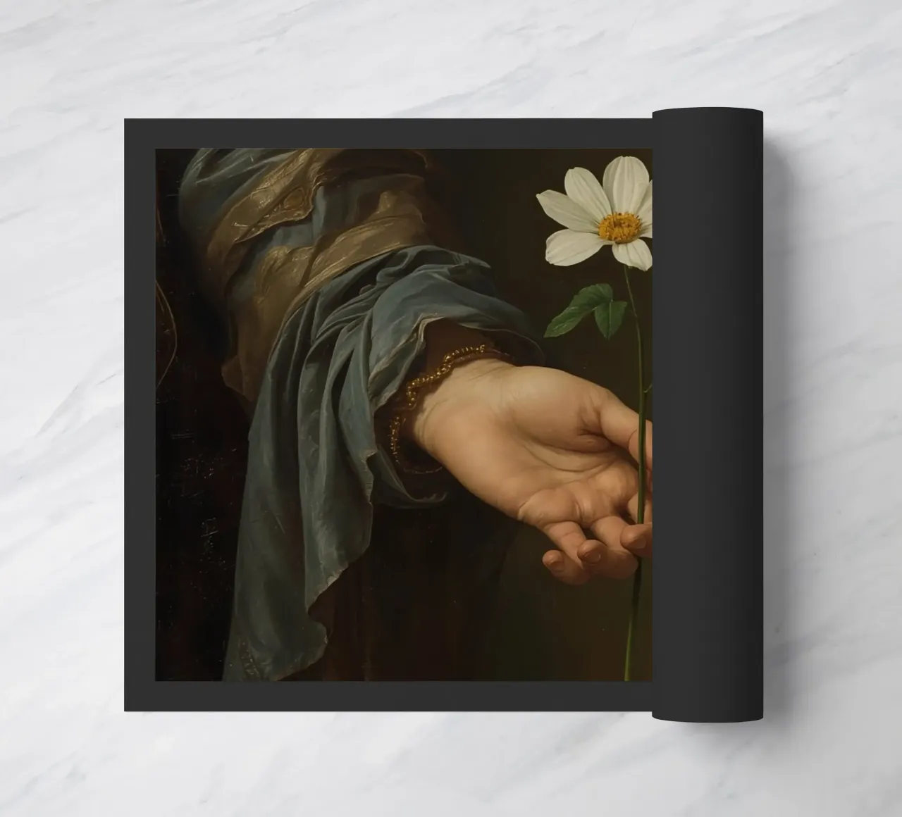 Mano che regge un fiore bianco in una luce soffusa con zerbino da DesignDoodle