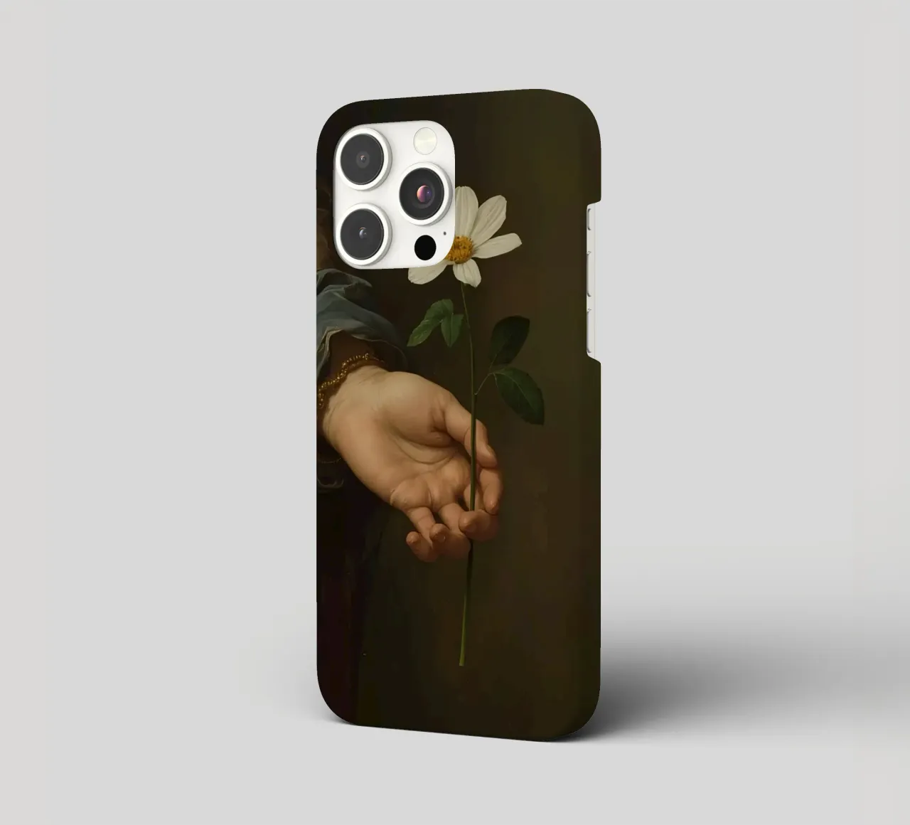 Mano che regge un fiore bianco in una luce soffusa con cover iphone da DesignDoodle
