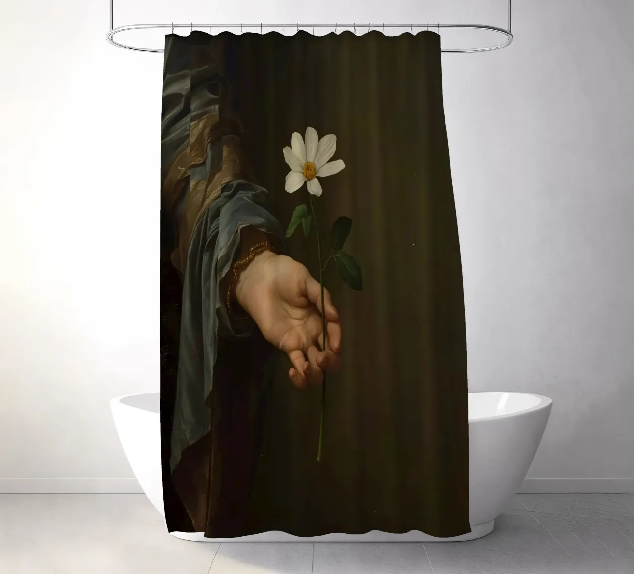 Mano che regge un fiore bianco in una luce soffusa con tenda da doccia da DesignDoodle