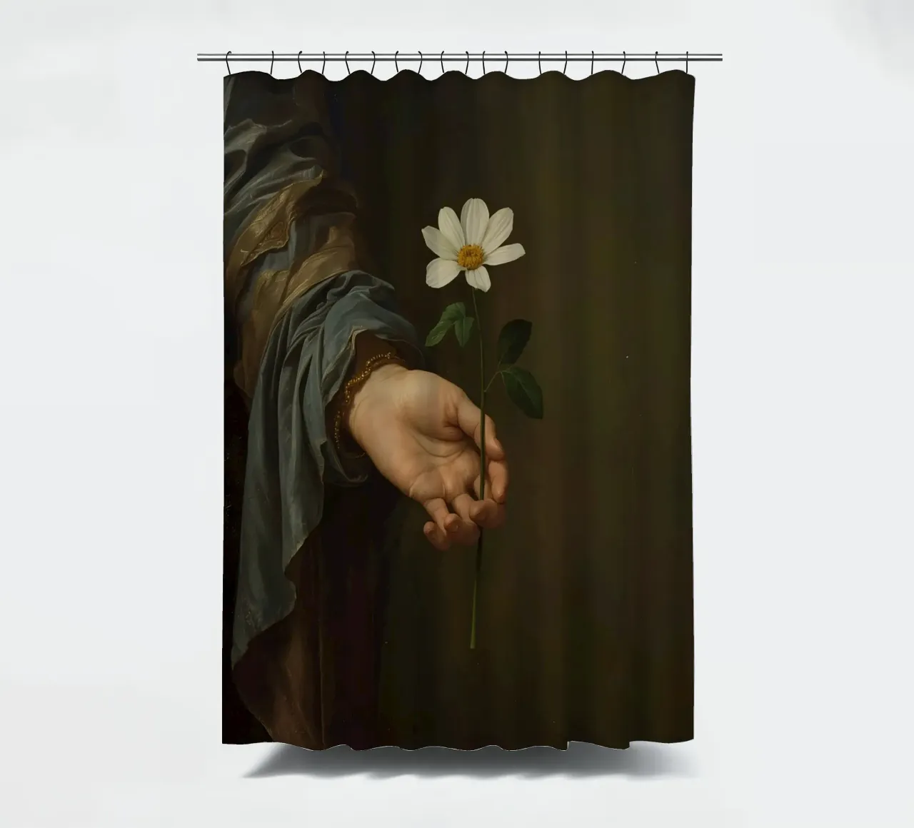 Mano che regge un fiore bianco in una luce soffusa con tenda da doccia da DesignDoodle