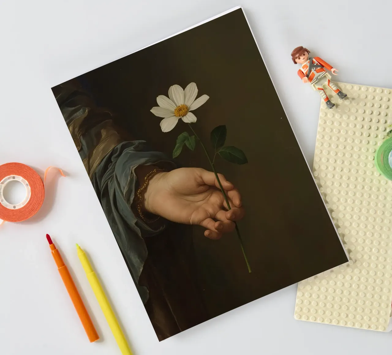 Main tenant une fleur blanche dans une lumière douce et atténuée. carnet de notes de DesignDoodle