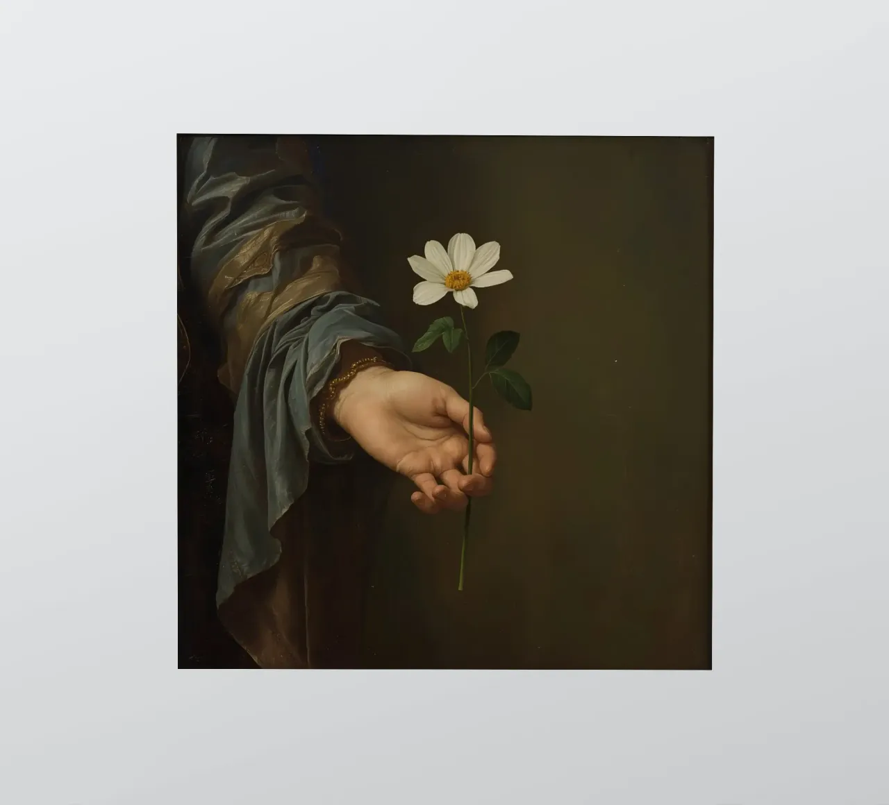 Mano che regge un fiore bianco in una luce soffusa con adesivo da DesignDoodle