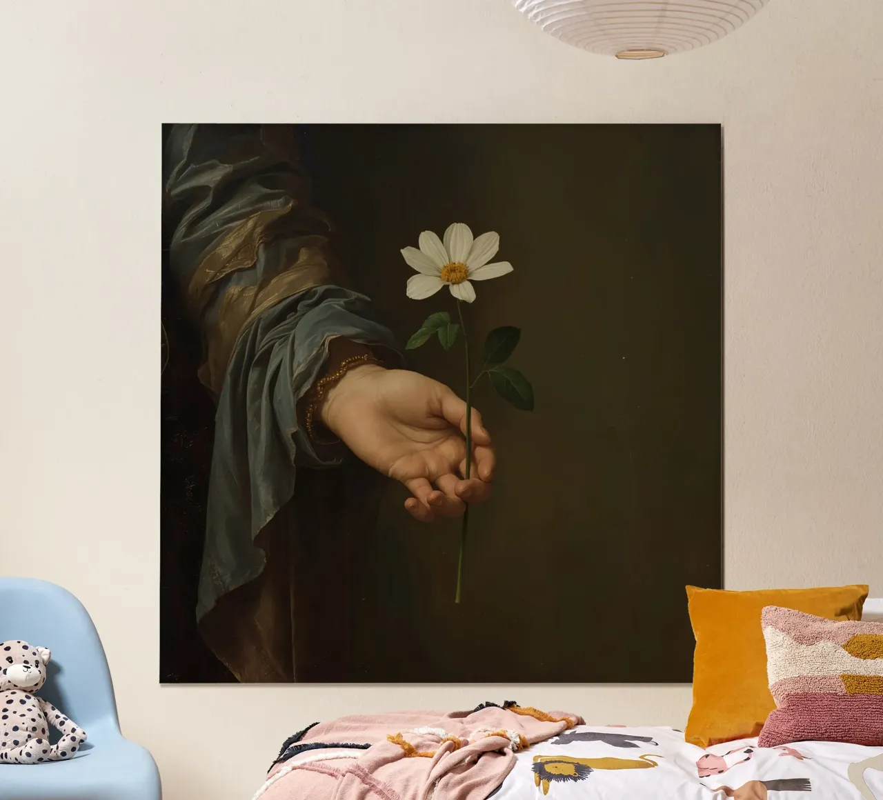 Mano che regge un fiore bianco in una luce soffusa con poster con telaio in plastica da DesignDoodle