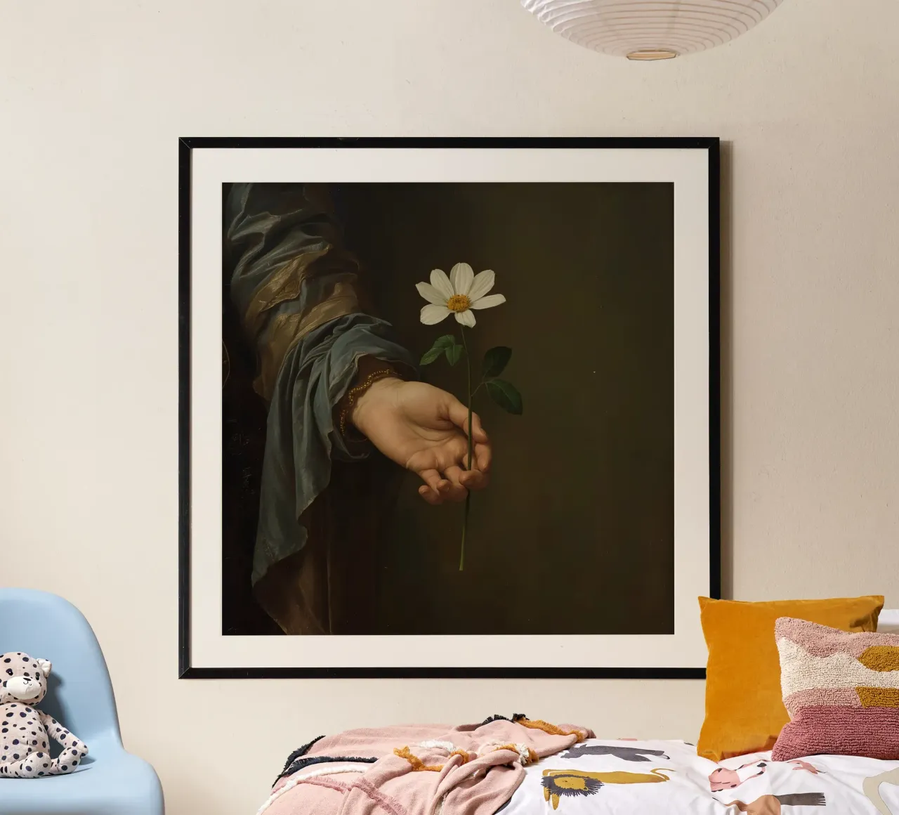 Mano che regge un fiore bianco in una luce soffusa con poster con telaio in plastica da DesignDoodle