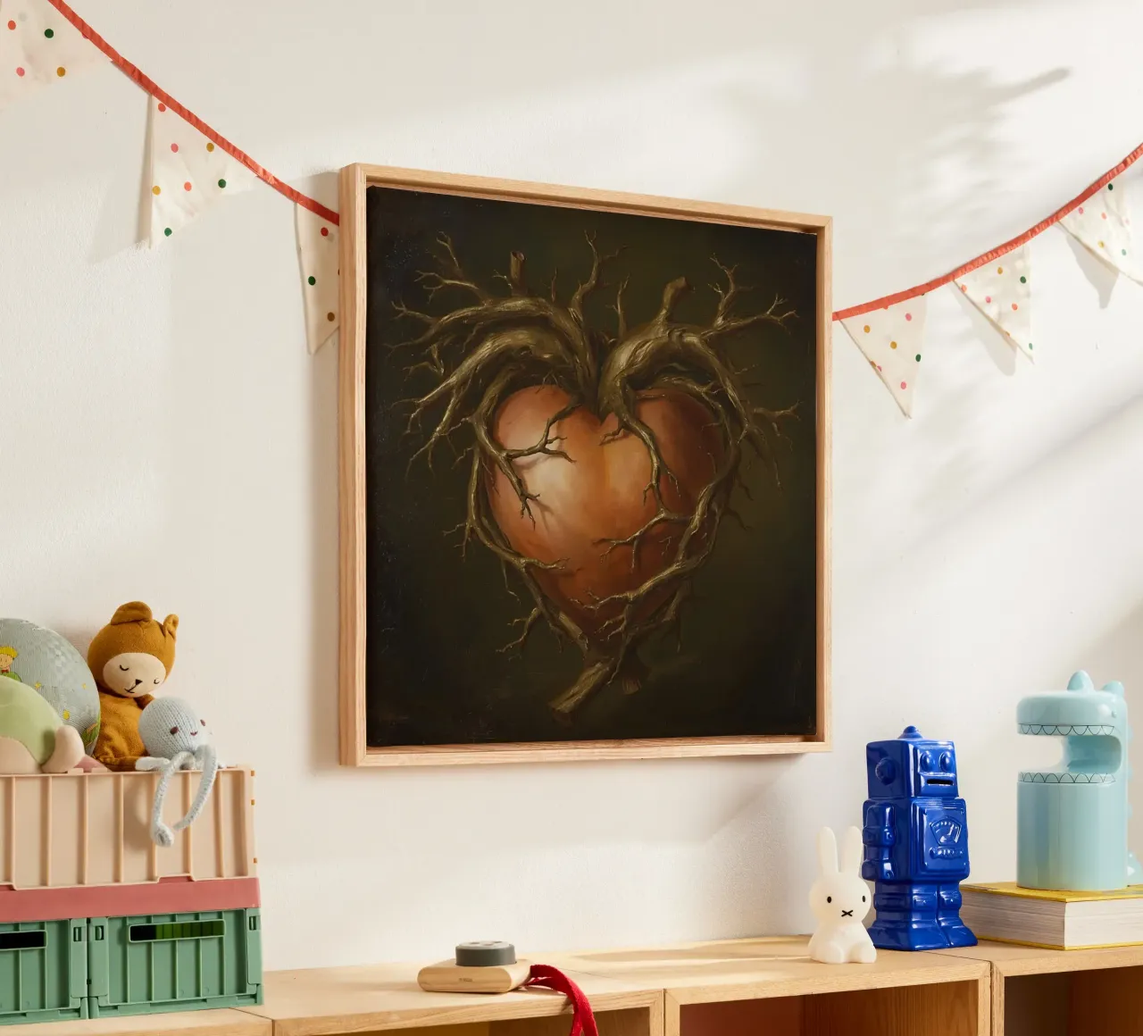 Heart shaped sculpture intertwined with gnarled branches canvas with Floater frame by DesignDoodle