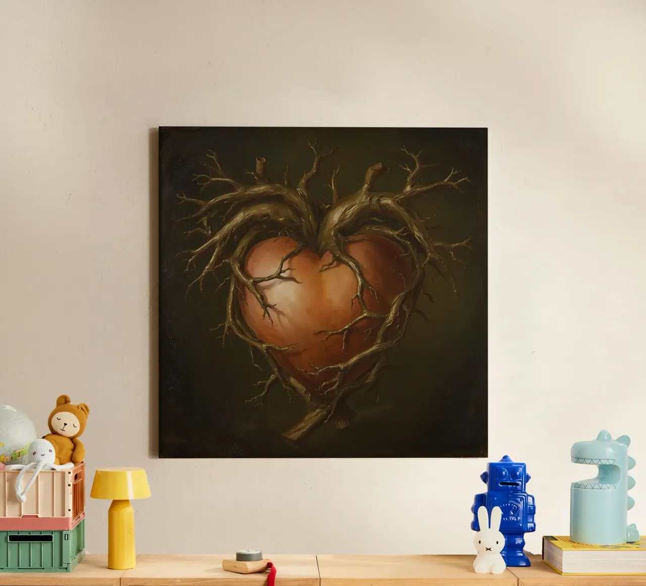 Heart shaped sculpture intertwined with gnarled branches canvas with Floater frame by DesignDoodle
