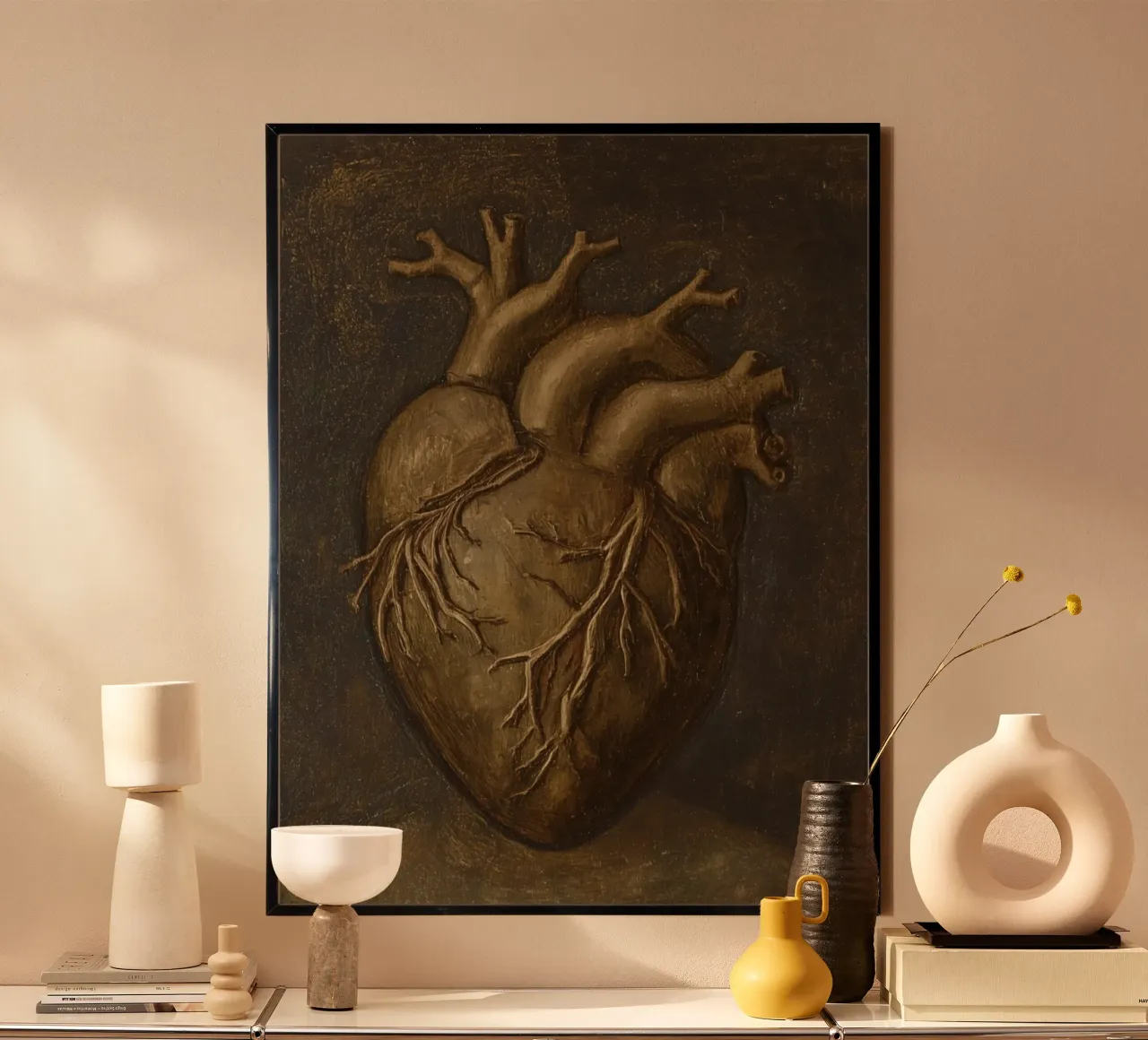 Cuore umano con strutture ad albero su sfondo scuro poster con telaio in plastica da DesignDoodle