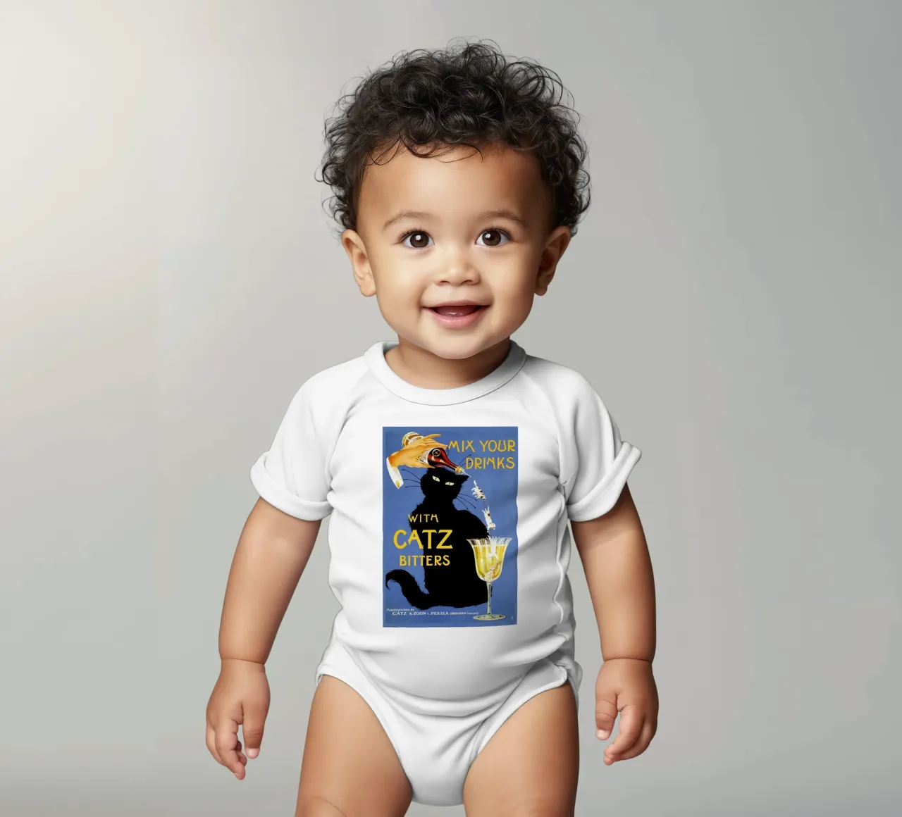 Mix Your Drinks with Catz Bitters short-sleeve baby romper by Maya Elliott