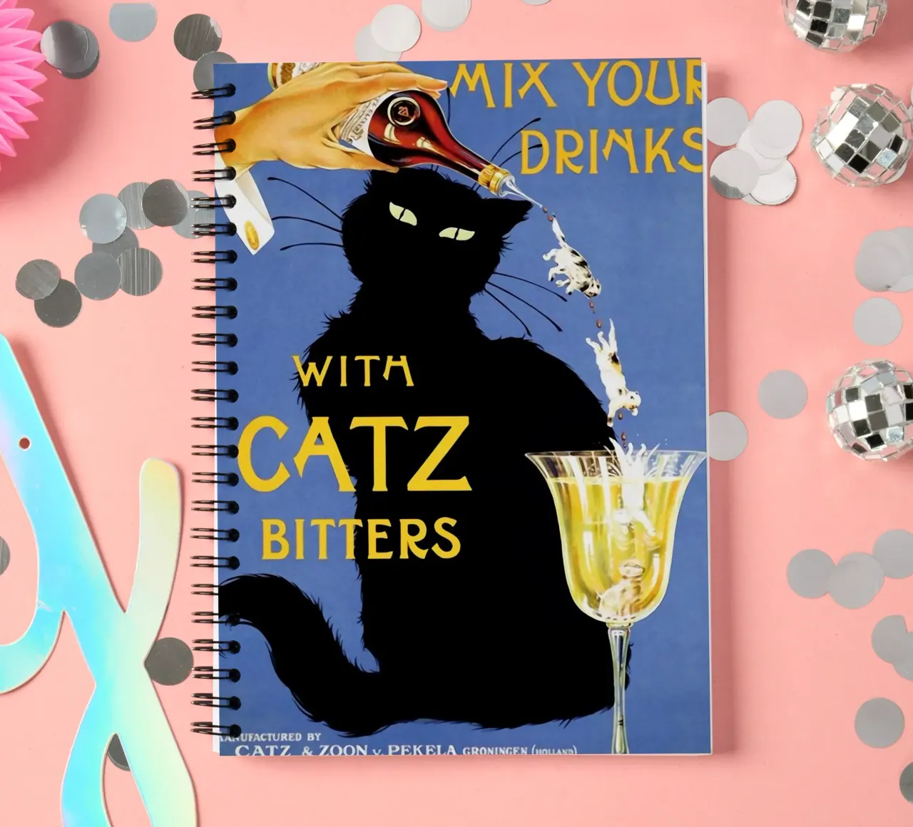 Mix Your Drinks with Catz Bitters spiral notebook by Maya Elliott