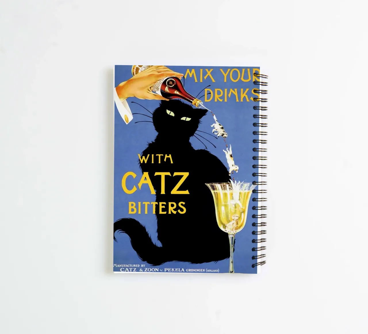 Mix Your Drinks with Catz Bitters spiral notebook by Maya Elliott