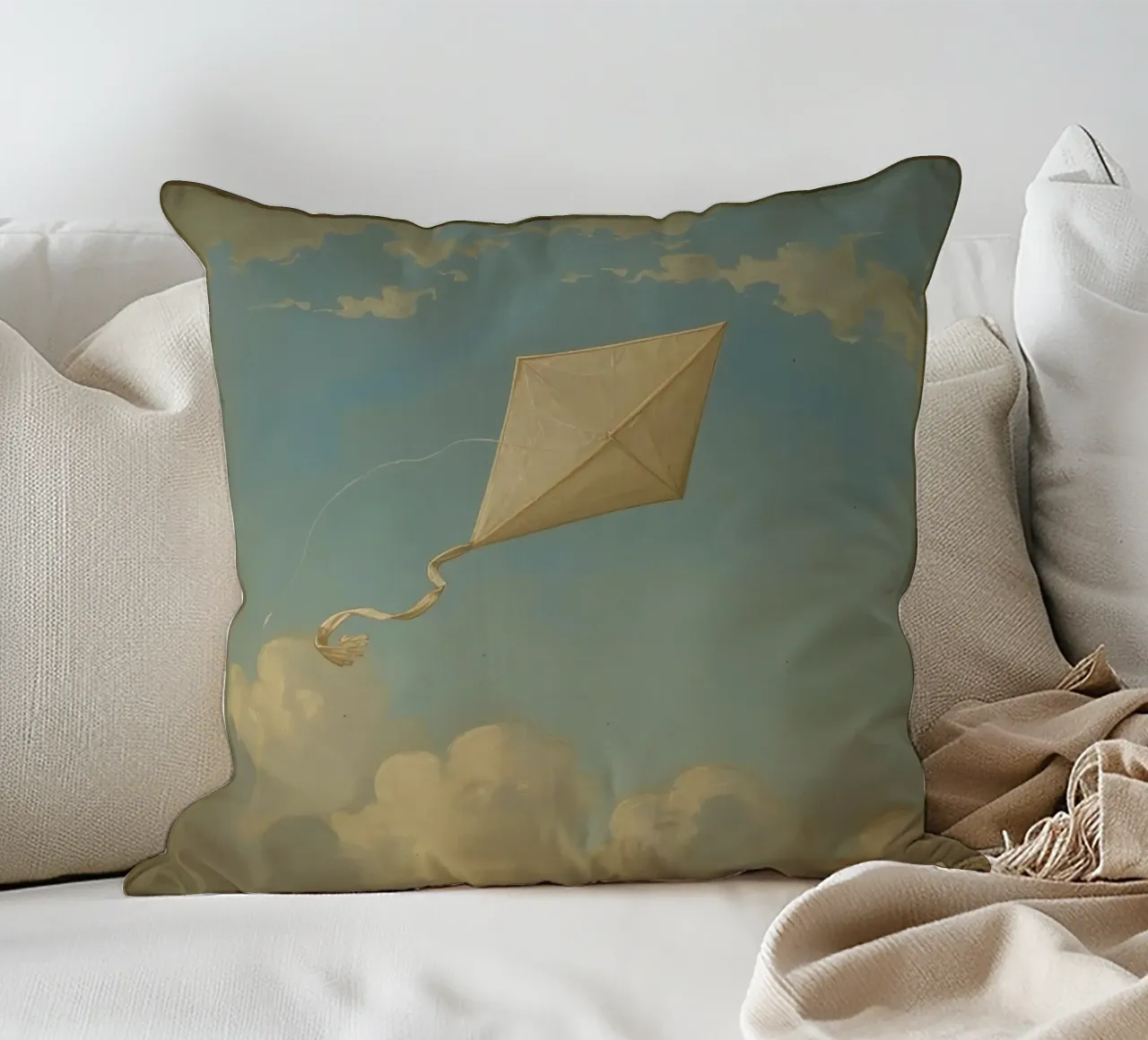 Un aquilone che vola alto danza tra le nuvole in un cielo azzurro e limpido cuscino da DesignDoodle
