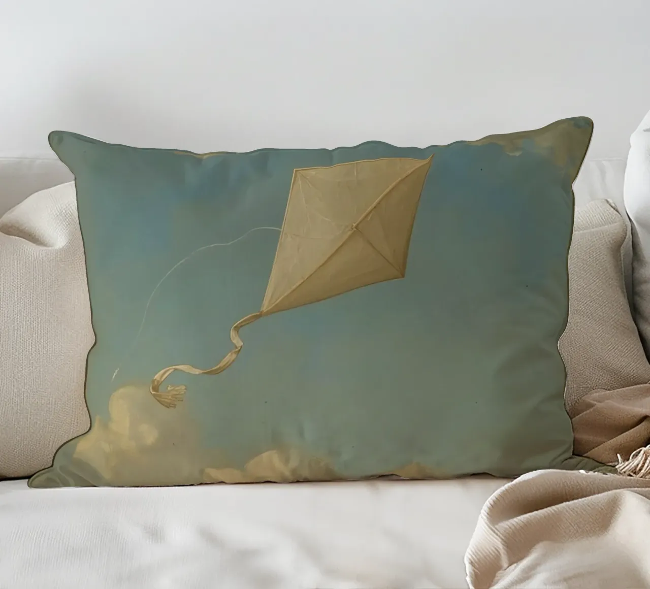 Un aquilone che vola alto danza tra le nuvole in un cielo azzurro e limpido cuscino da DesignDoodle