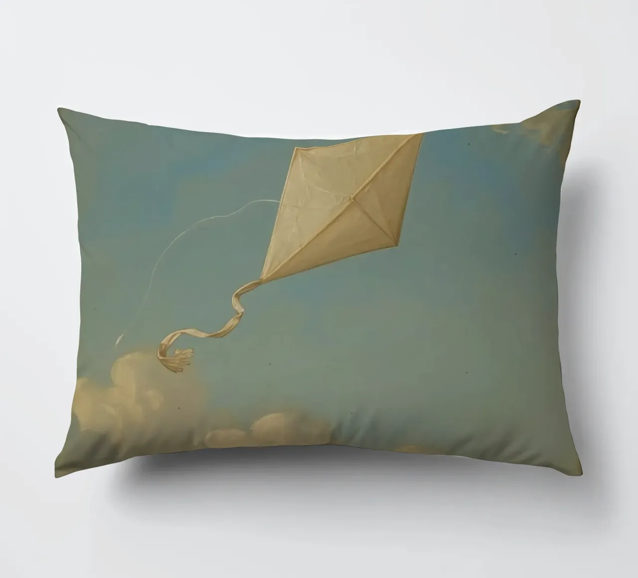 Un aquilone che vola alto danza tra le nuvole in un cielo azzurro e limpido cuscino da DesignDoodle