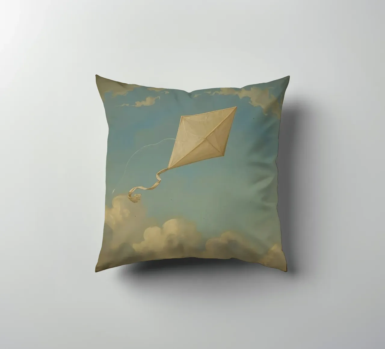 Un aquilone che vola alto danza tra le nuvole in un cielo azzurro e limpido cuscino da DesignDoodle