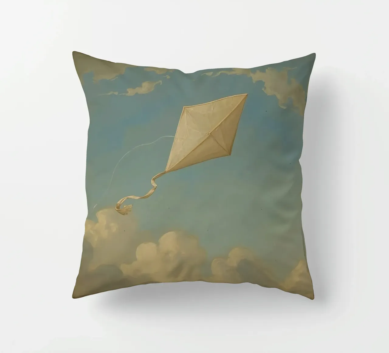Un aquilone che vola alto danza tra le nuvole in un cielo azzurro e limpido cuscino da DesignDoodle