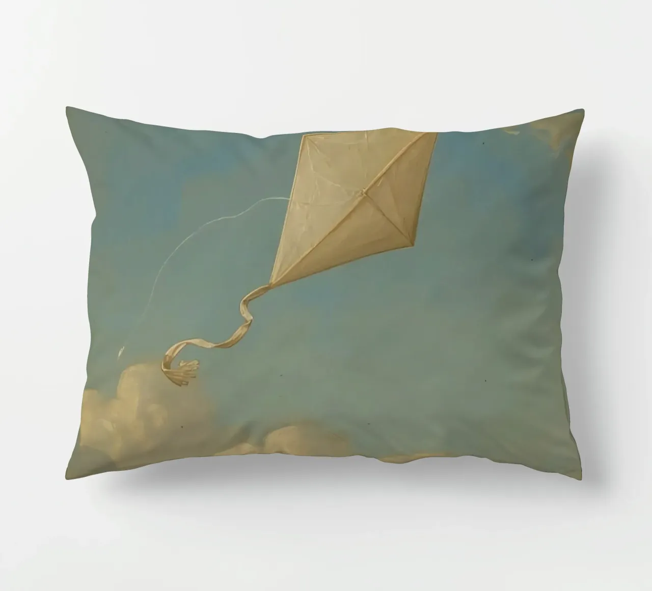 Un aquilone che vola alto danza tra le nuvole in un cielo azzurro e limpido cuscino da DesignDoodle