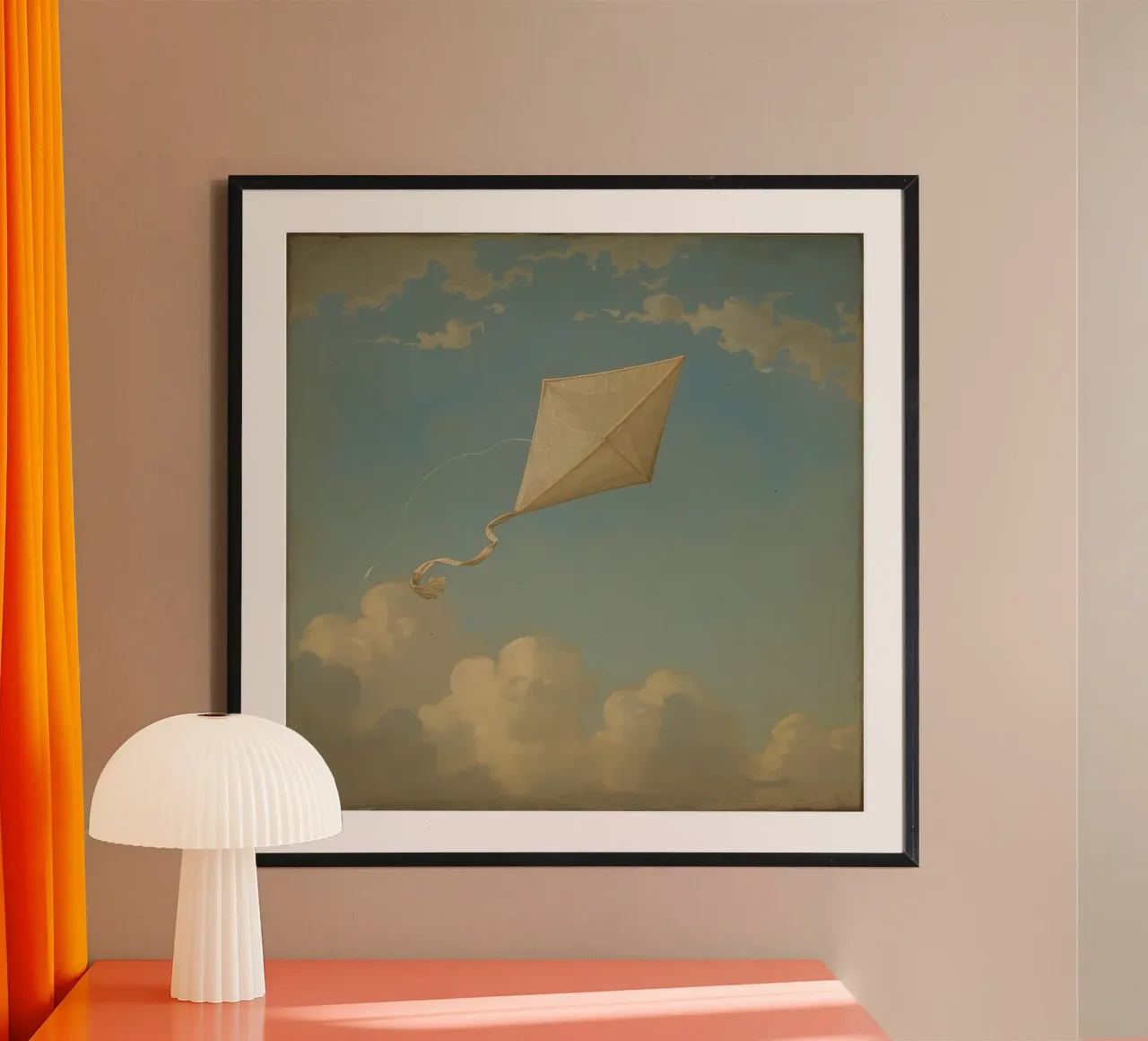 Un aquilone che vola alto danza tra le nuvole in un cielo azzurro e limpido poster con telaio in plastica da DesignDoodle