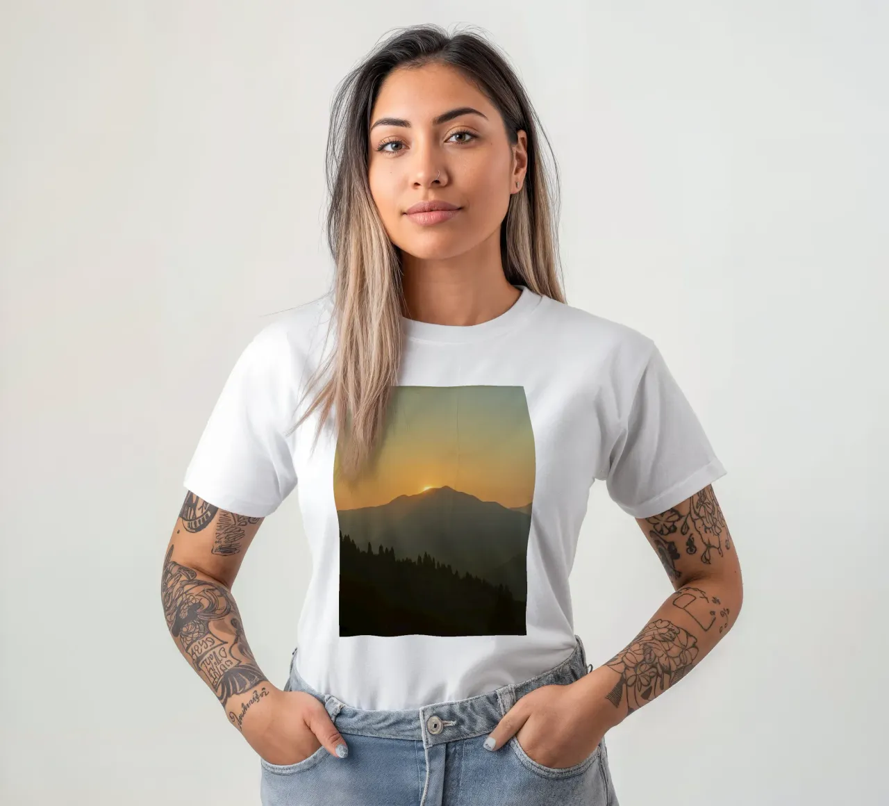 Sunset casting shadows over mountains and pine trees t-shirt by DesignDoodle
