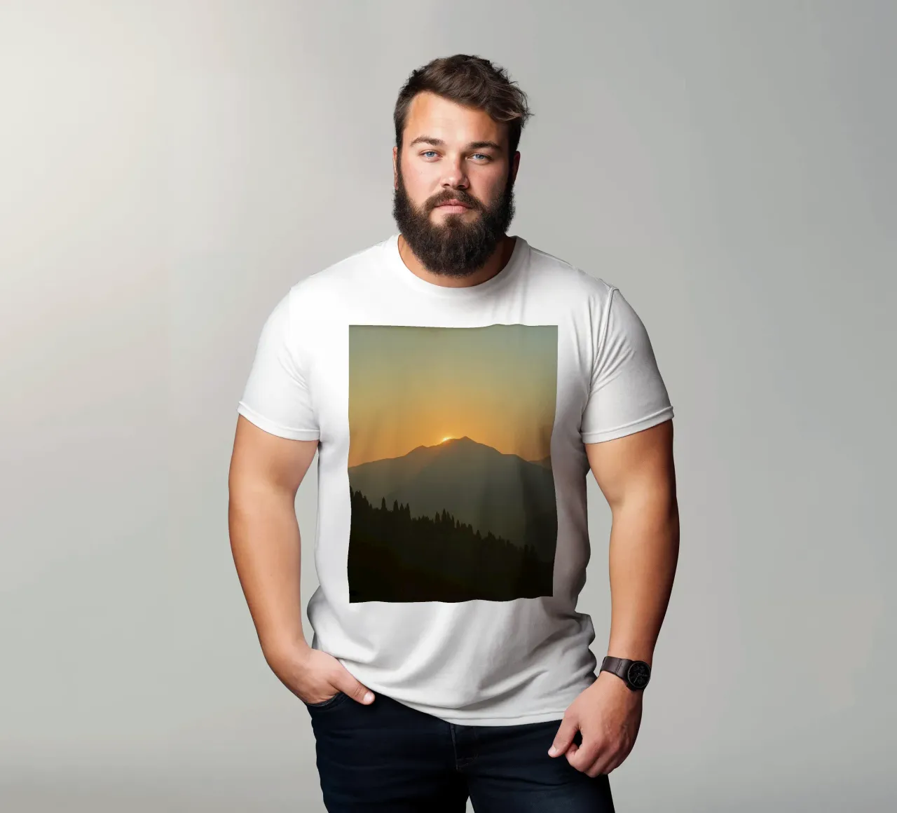 Sunset casting shadows over mountains and pine trees t-shirt by DesignDoodle