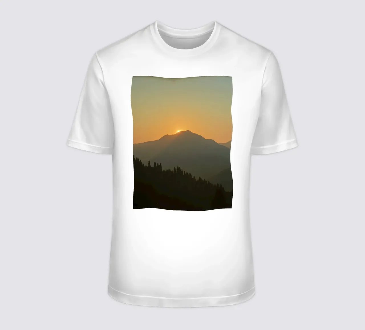 Sunset casting shadows over mountains and pine trees t-shirt by DesignDoodle